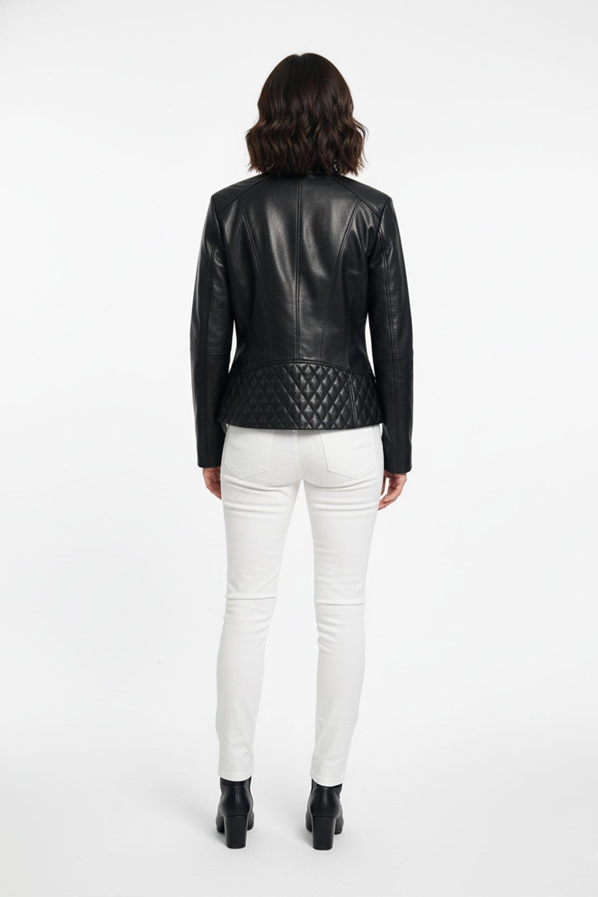 Siyah Latina Kısa Fermuarlı Kadın Hakiki Deri Mont