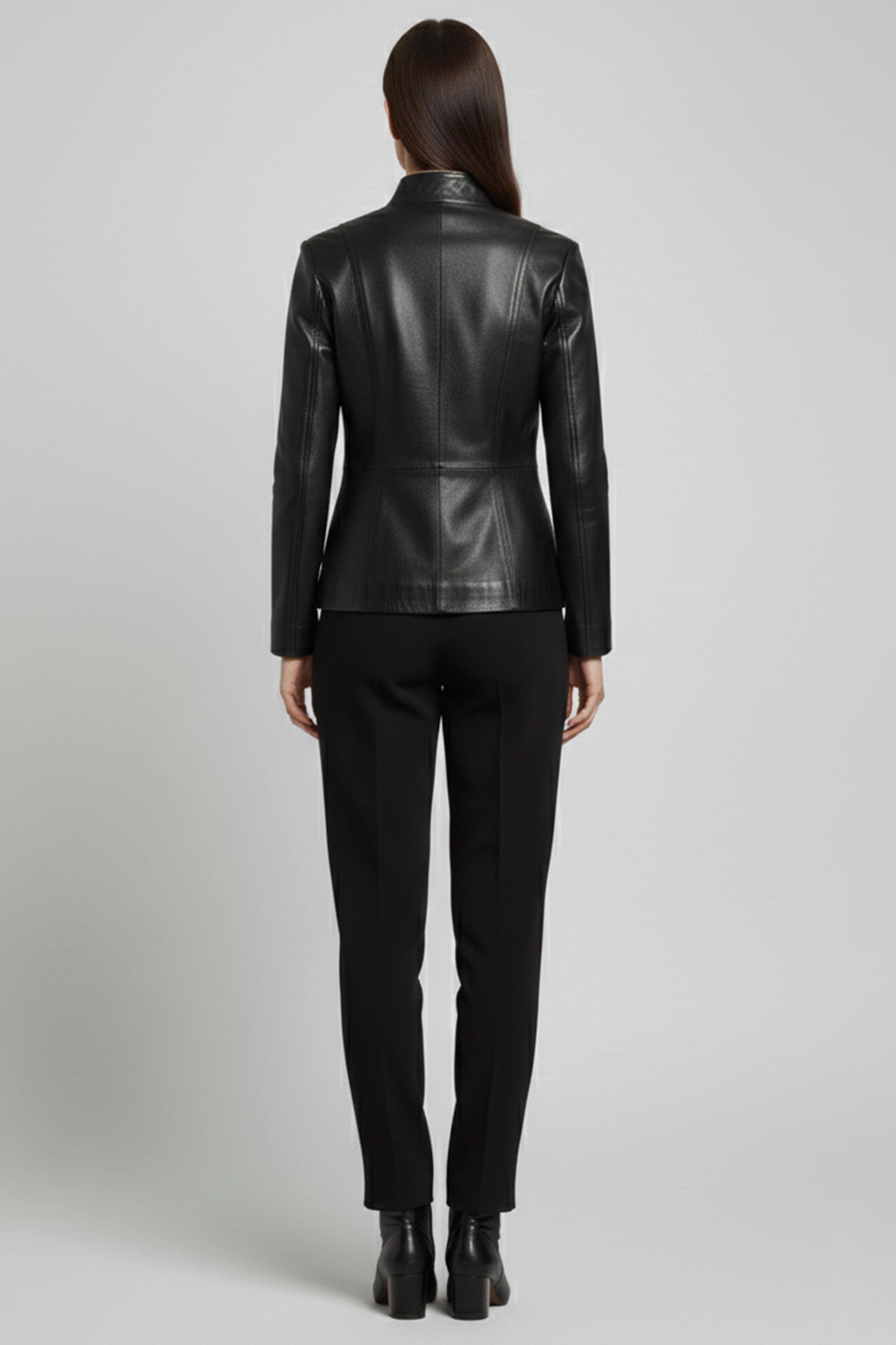 Siyah Lauretta Fermuarlı Bej Garnili Hakim Yaka Geniş Kesim Astarlı Kadın Hakiki Deri Kaban