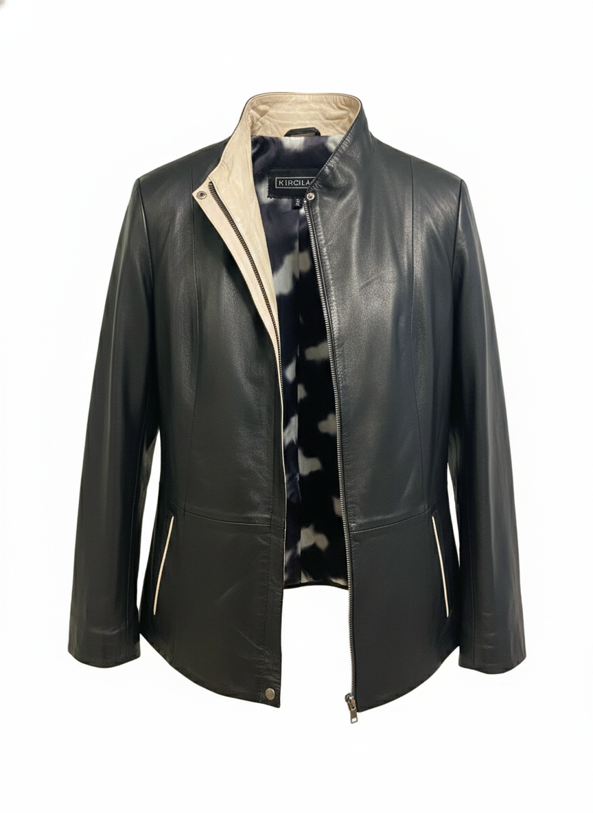 Siyah Lauretta Fermuarlı Bej Garnili Hakim Yaka Geniş Kesim Astarlı Kadın Hakiki Deri Kaban