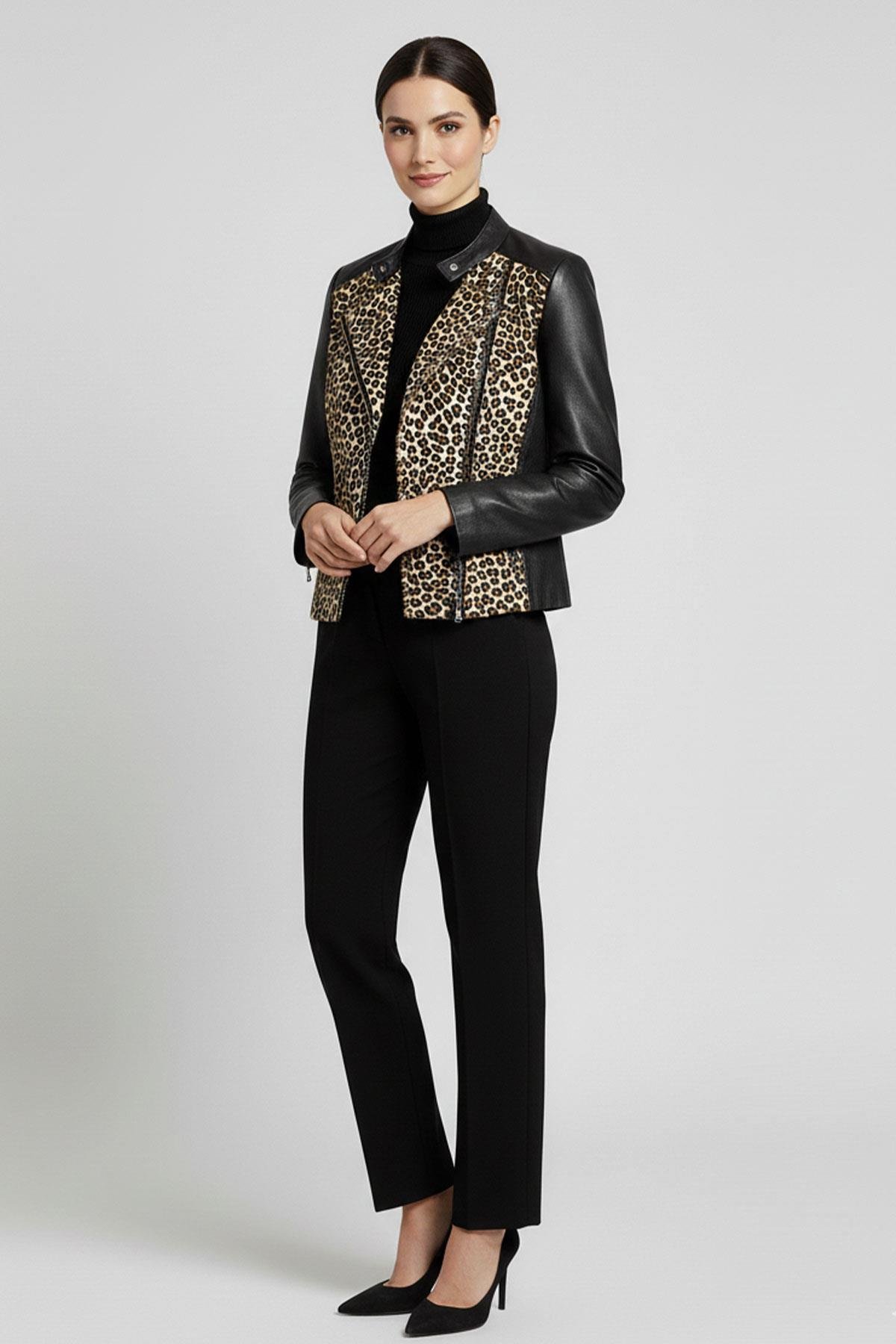 Siyah Leopar Kadın Astarlı Biker Hakiki Deri Ceket