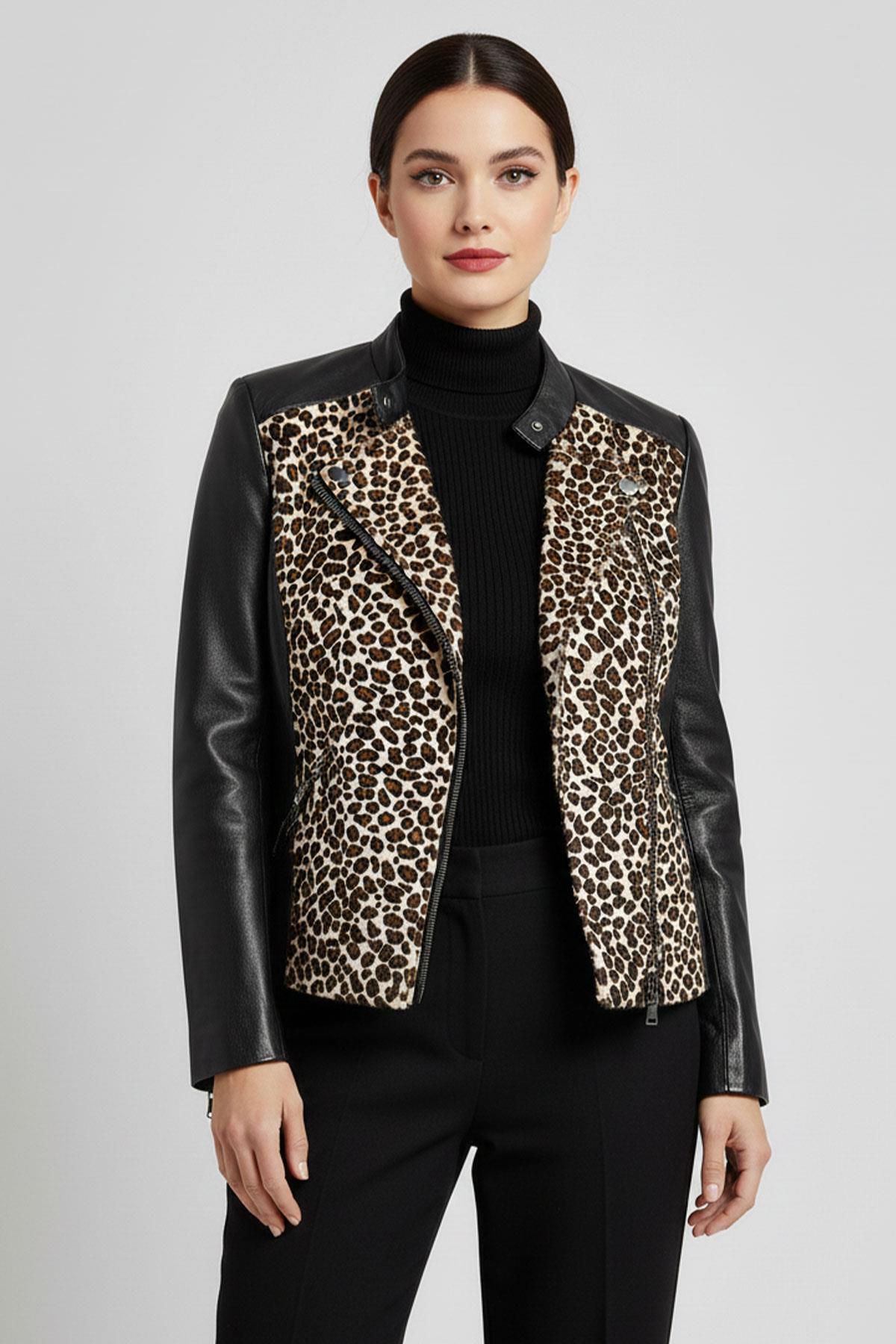 Siyah Leopar Kadın Astarlı Biker Hakiki Deri Ceket