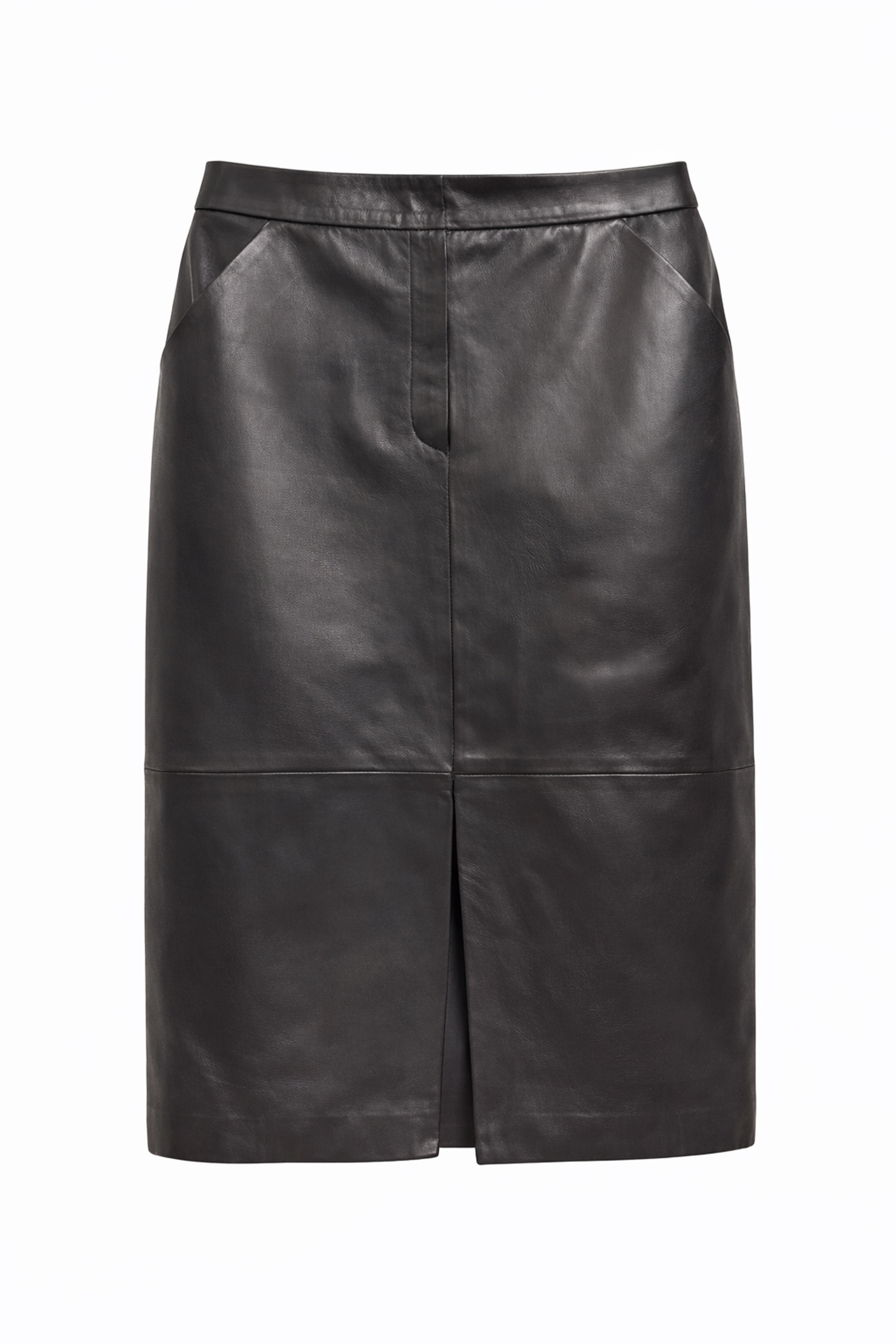 Siyah Lina Yırtmaç Detaylı Midi Hakiki Deri Kadın Etek