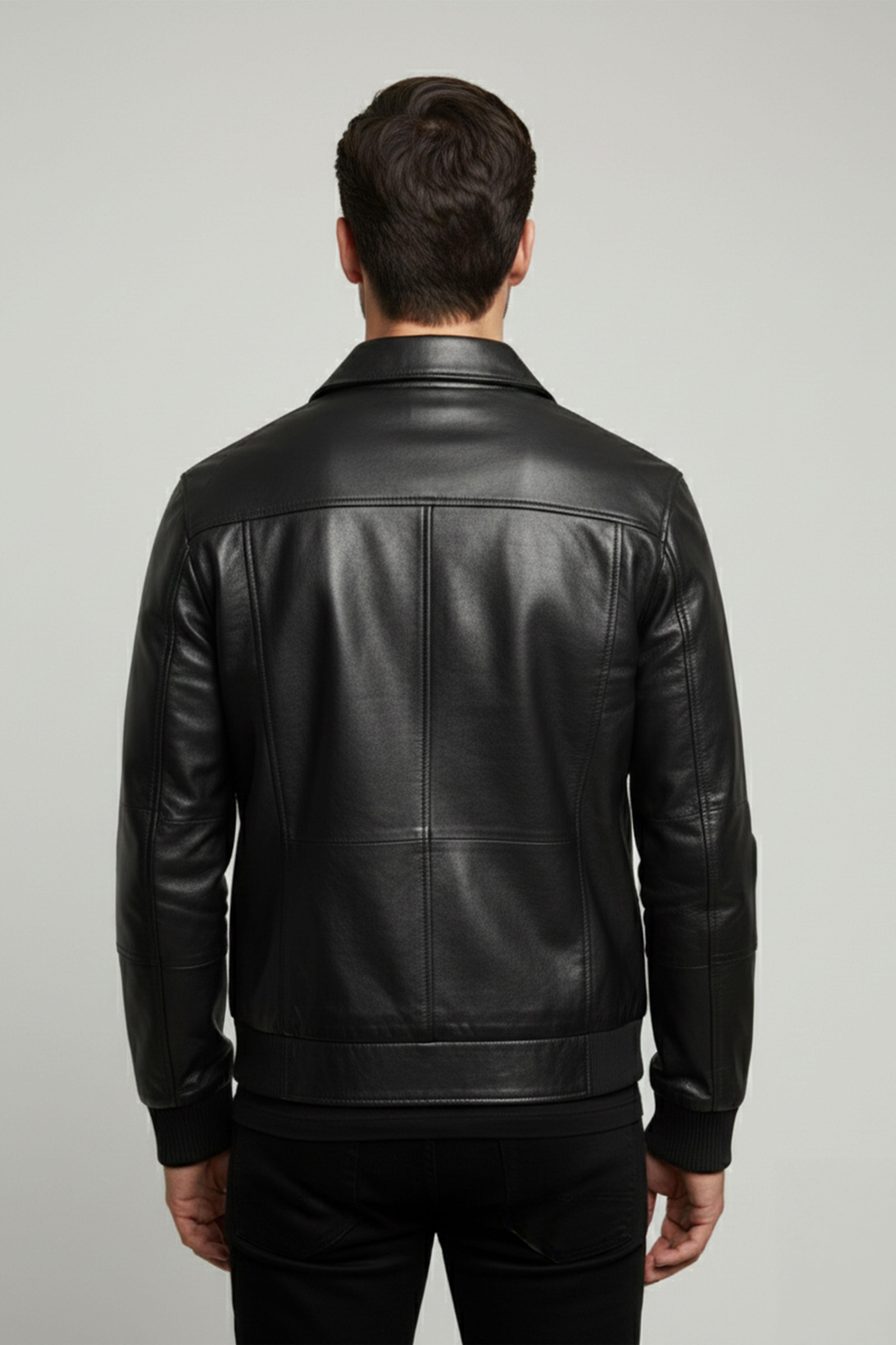 Siyah Lucas Fermuarlı Erkek Hakiki Deri Bomber Ceket