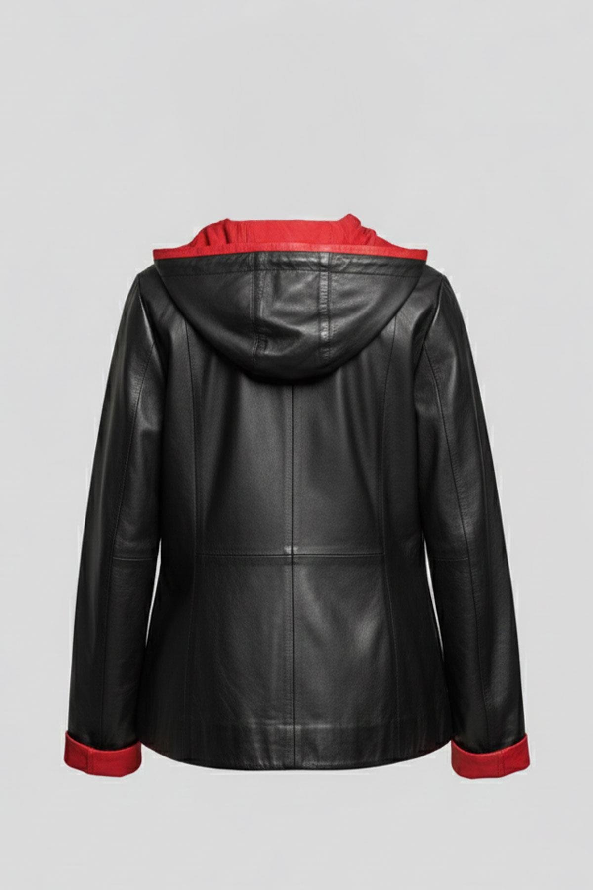 Siyah Marc Fermuarlı Geniş Kesim Kadın Hakiki Deri Mont