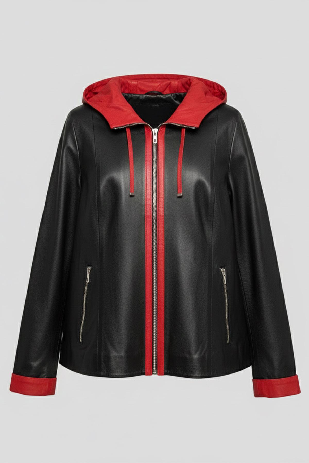 Siyah Marc Fermuarlı Geniş Kesim Kadın Hakiki Deri Mont