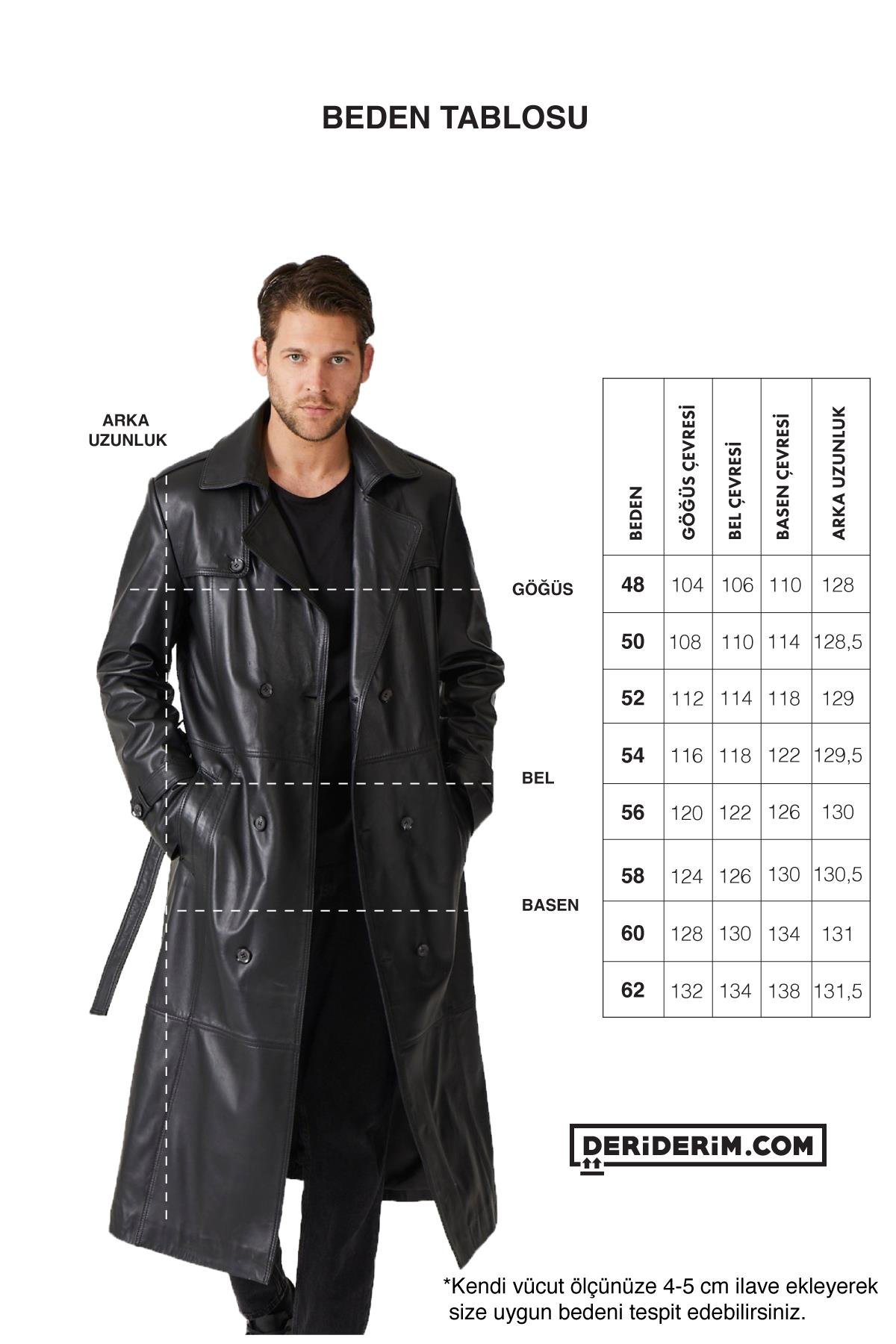 Siyah Matrix Hakiki Deri Kruvaze Düğme Kapamalı Yırtmaçlı Astarlı Kemerli Trençkot Erkek Kaban