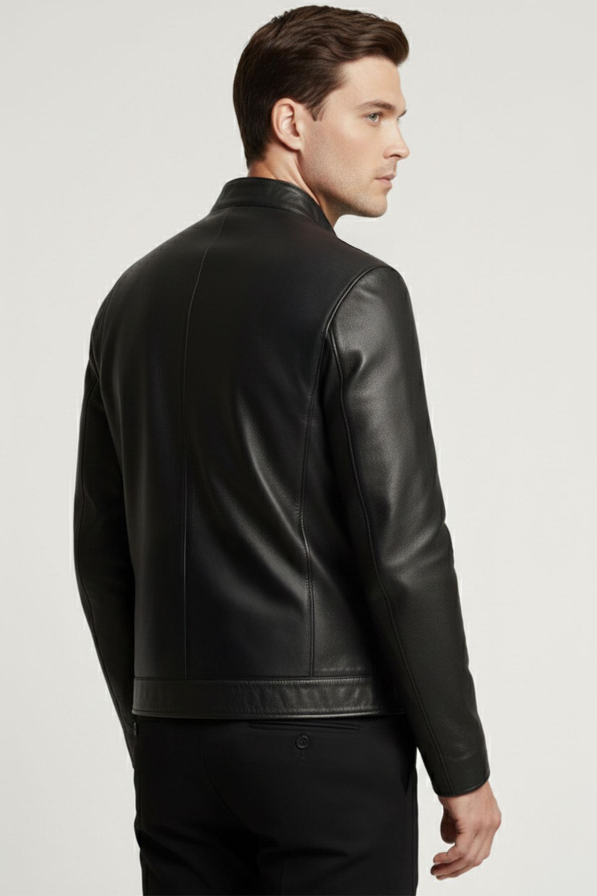 Siyah Nolan Hakim Yaka Hakiki Deri Erkek Mont