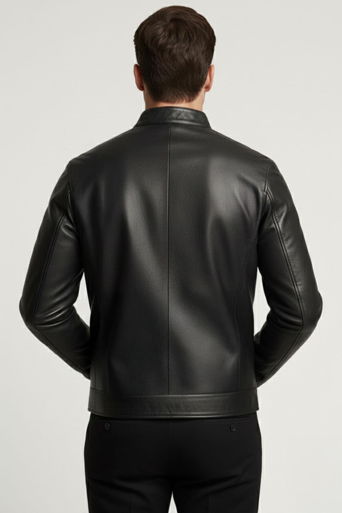Siyah Nolan Hakim Yaka Hakiki Deri Erkek Mont