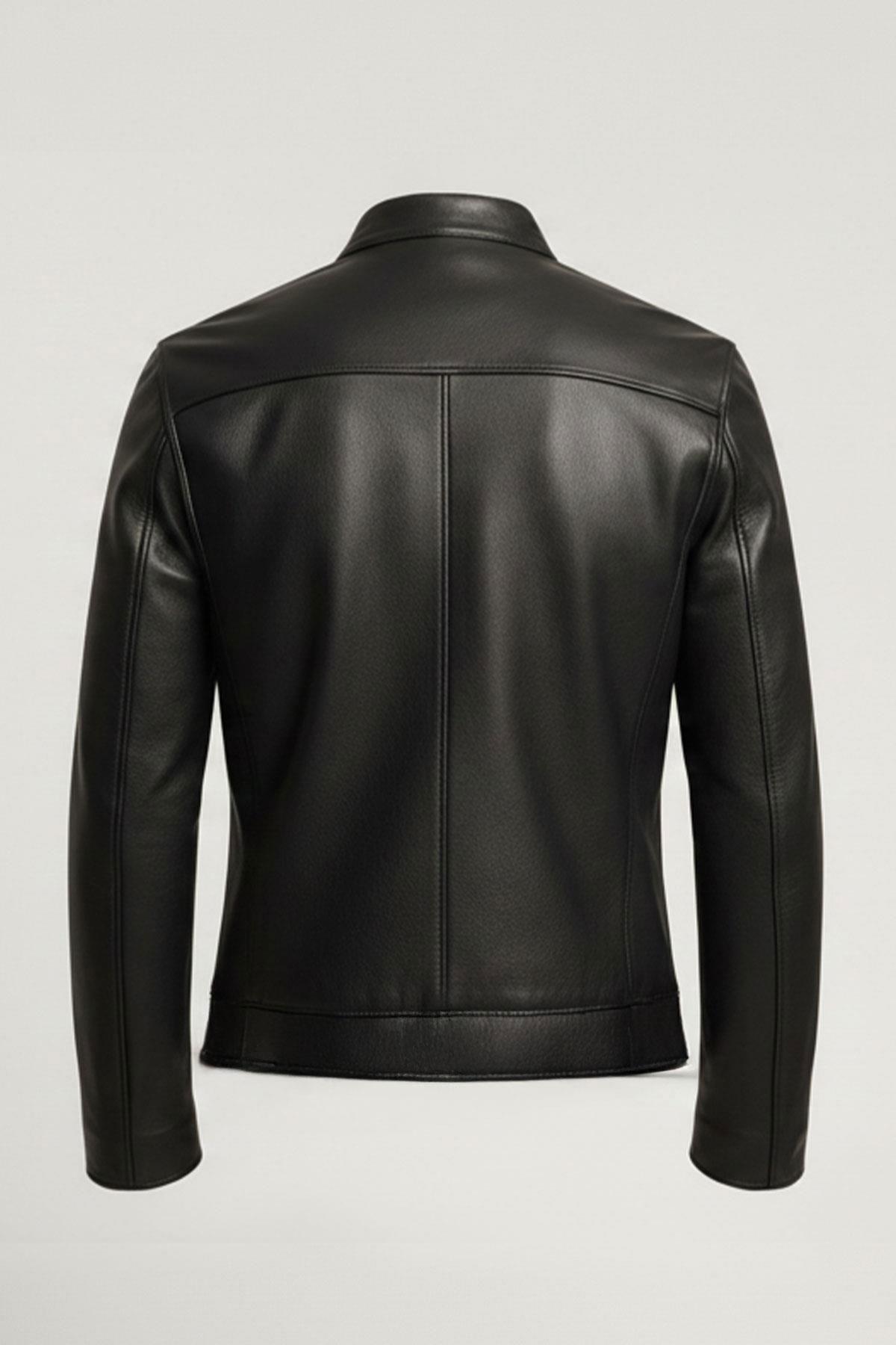 Siyah Nolan Hakim Yaka Hakiki Deri Erkek Mont