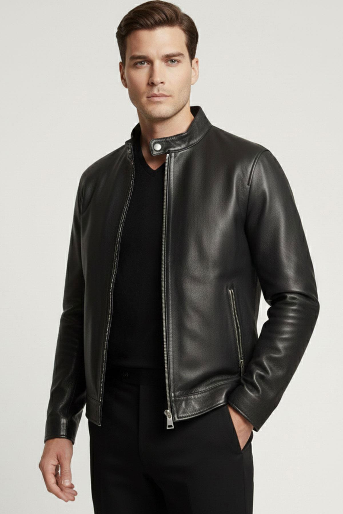 Siyah Nolan Hakim Yaka Hakiki Deri Erkek Mont