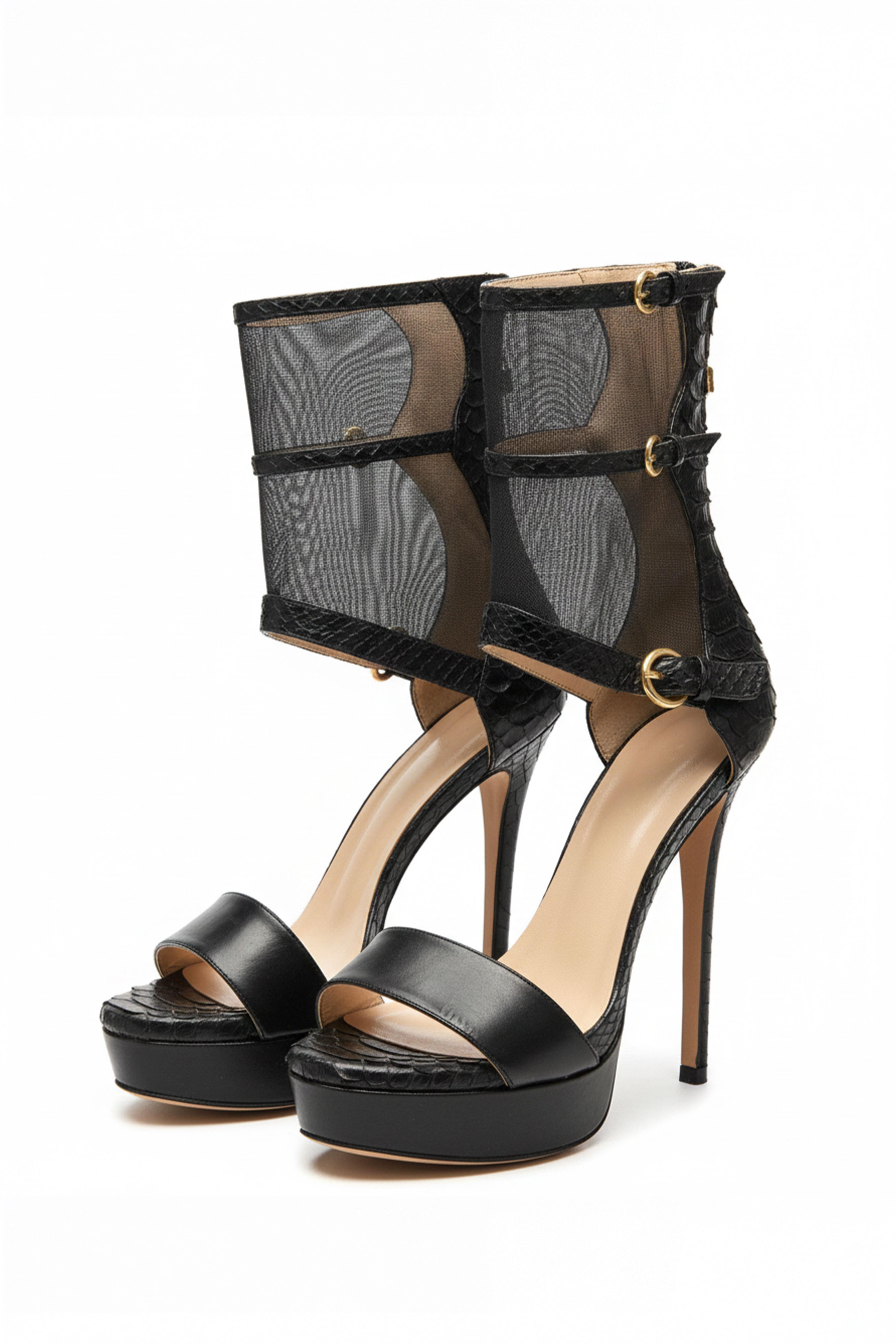 Siyah Nova Tül Detaylı Platform Topuklu Kadın Deri Ayakkabı