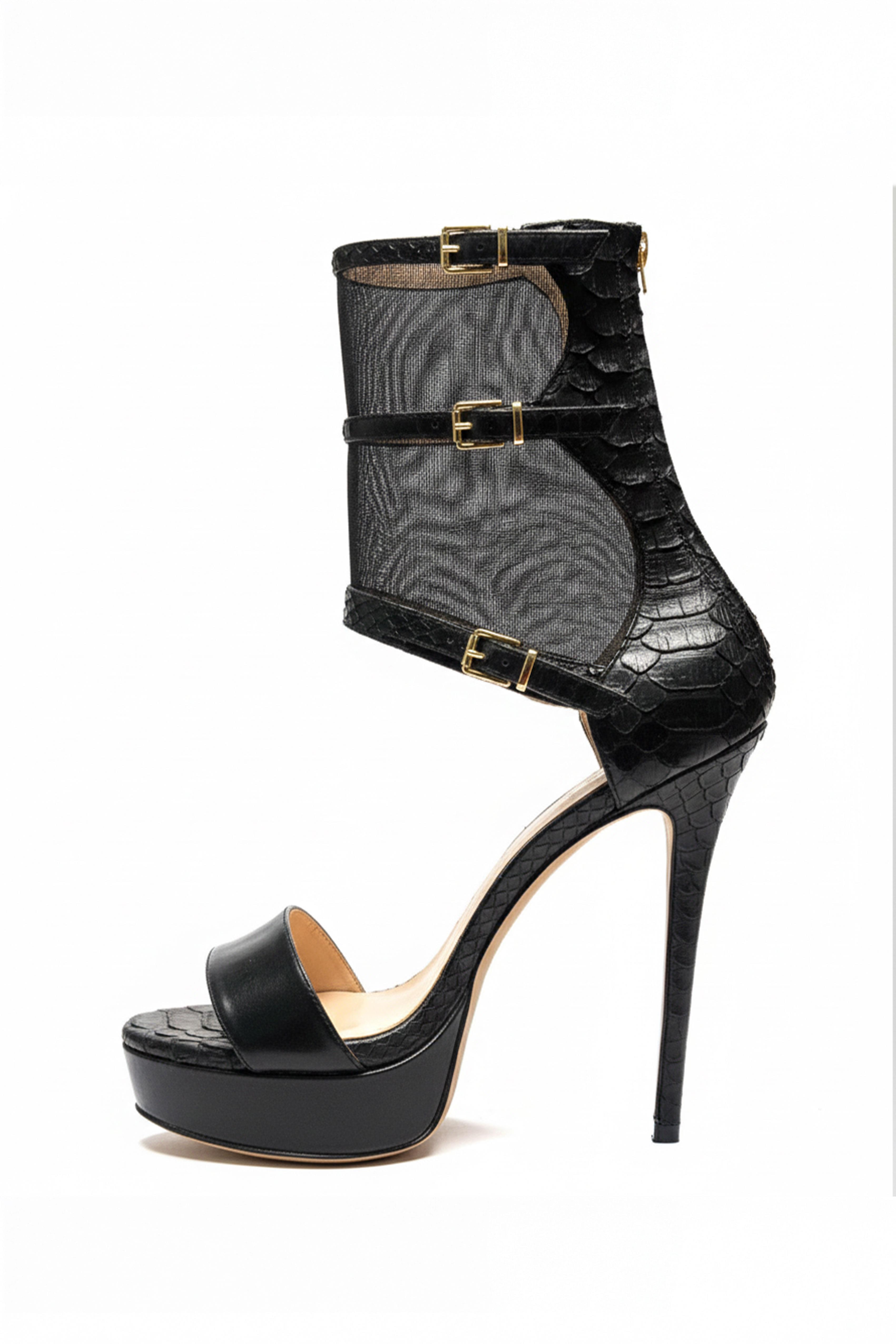 Siyah Nova Tül Detaylı Platform Topuklu Kadın Deri Ayakkabı