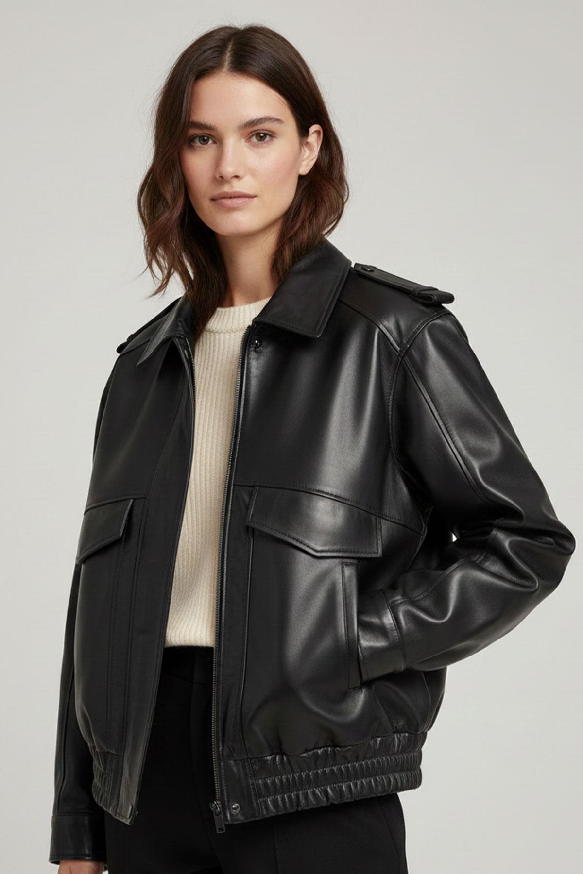 Siyah Orion Tokalı Kemer Detaylı Kadın Hakiki Deri Ceket