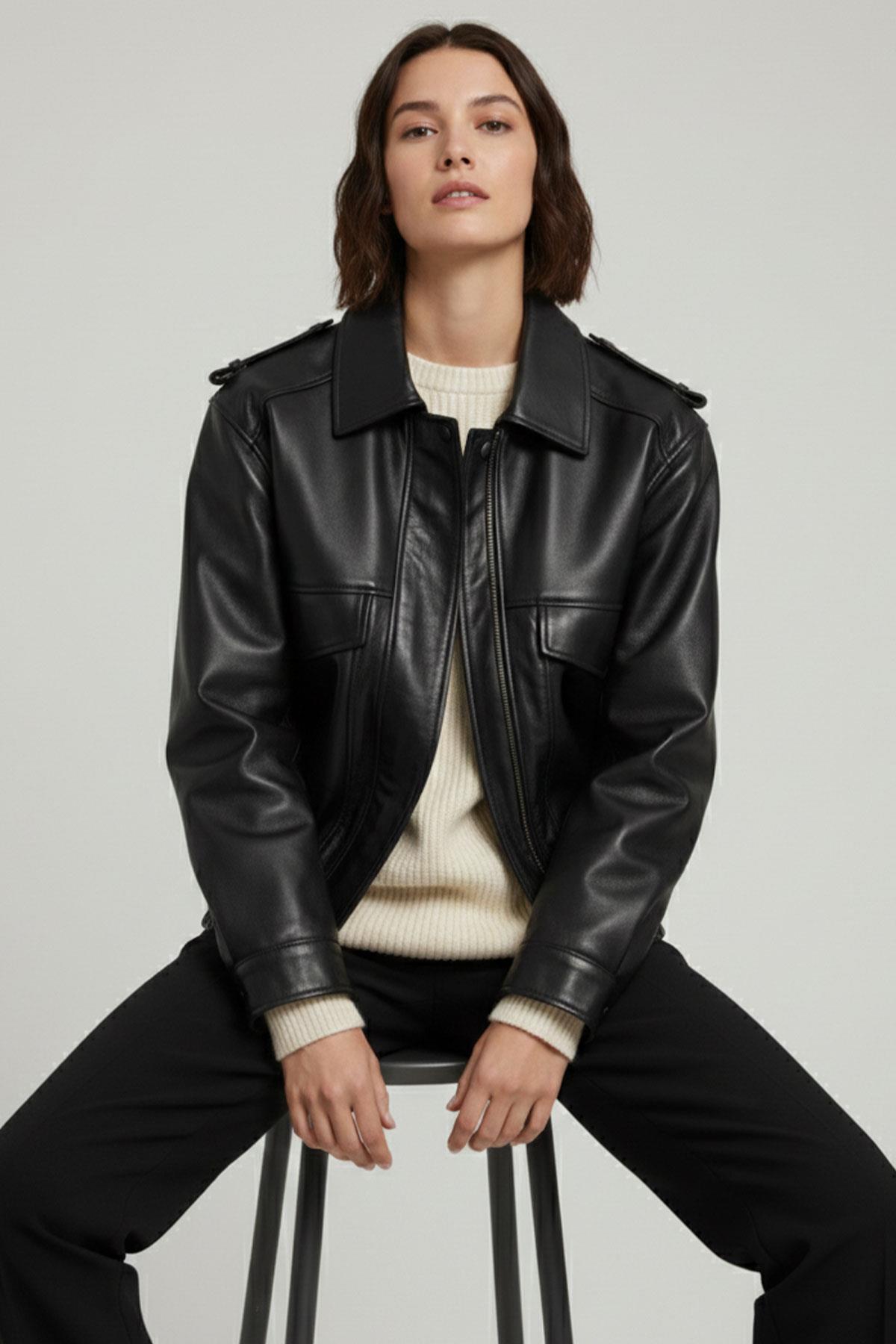 Siyah Orion Tokalı Kemer Detaylı Kadın Hakiki Deri Ceket