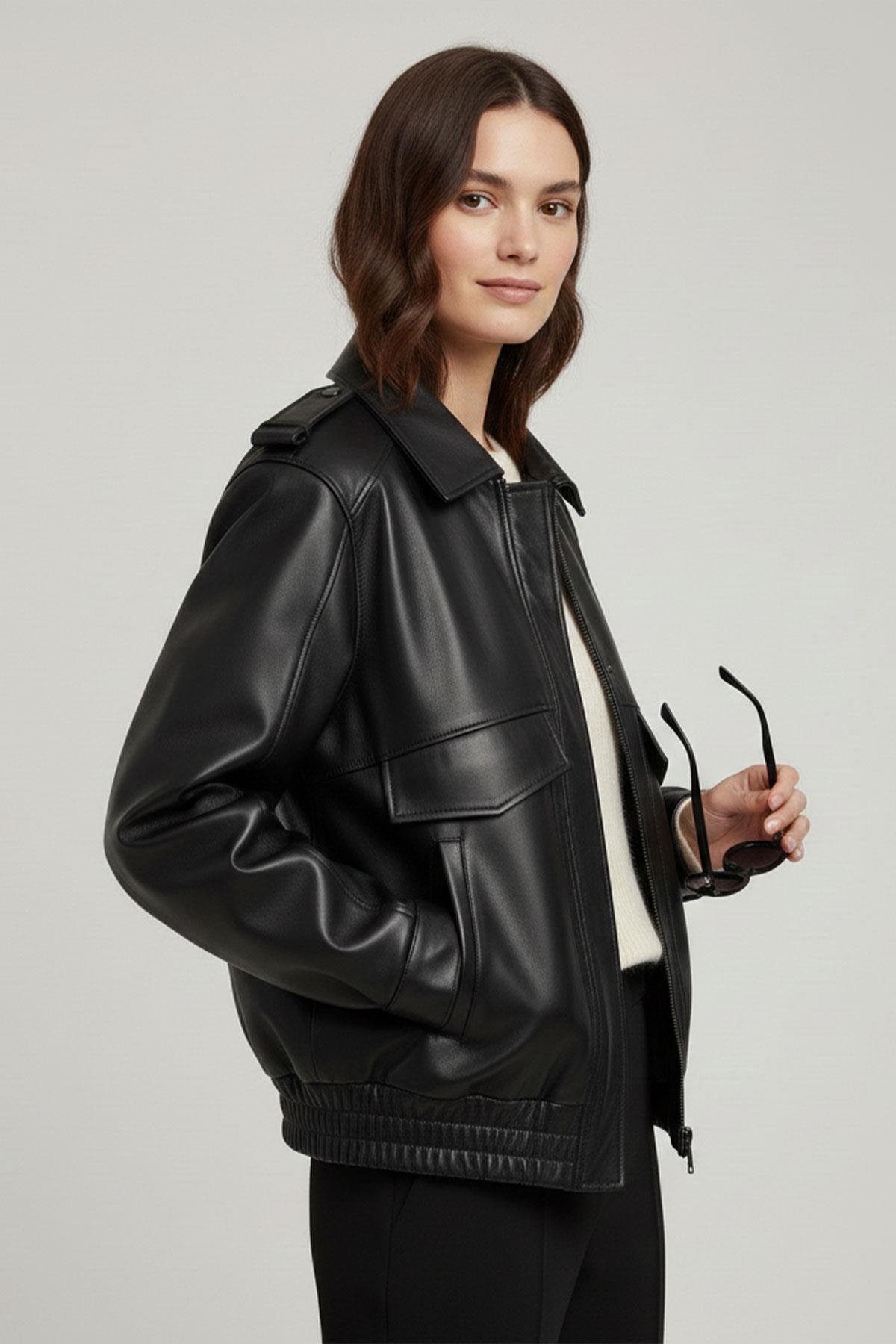 Siyah Orion Tokalı Kemer Detaylı Kadın Hakiki Deri Ceket