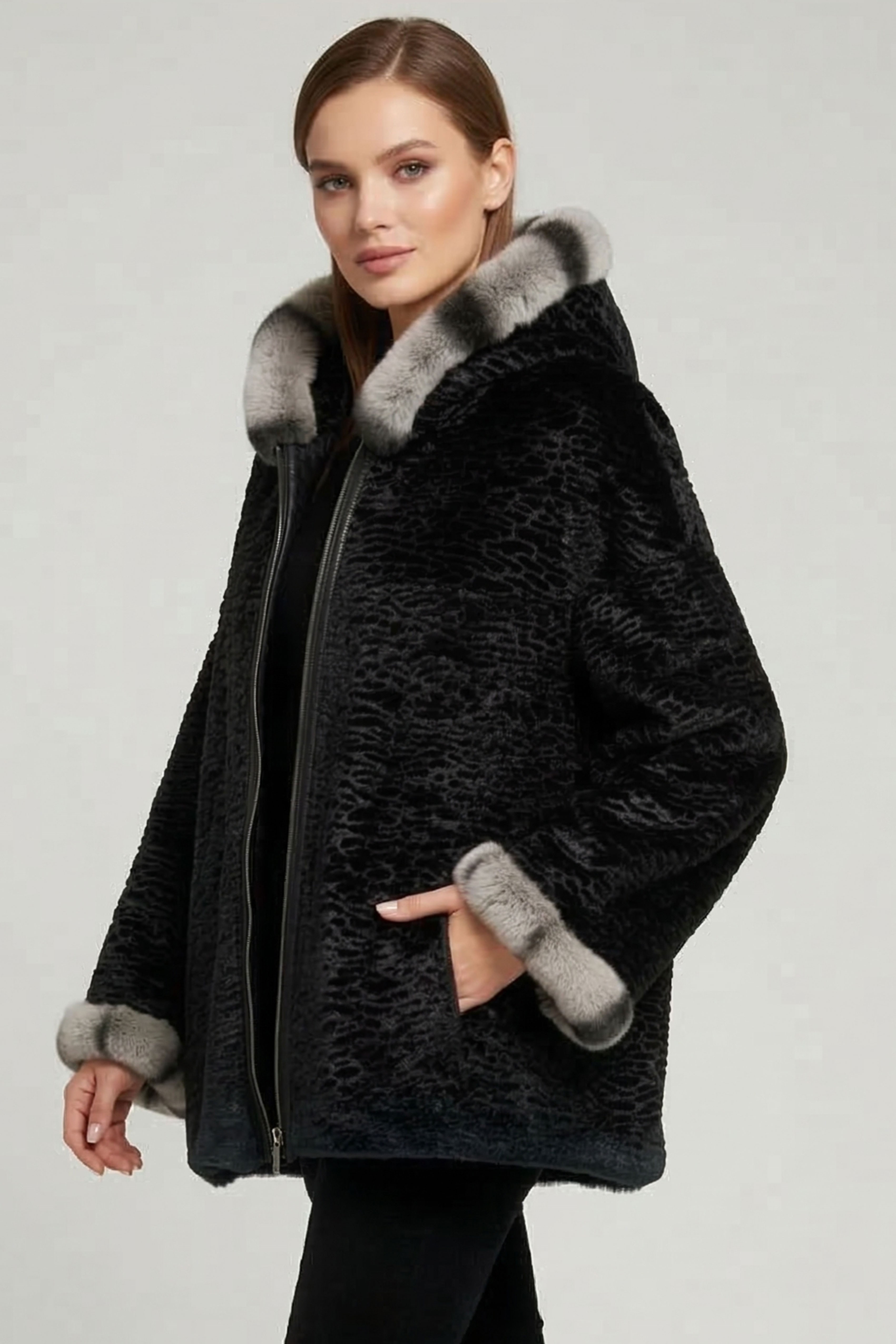 Black Pair Wide Cut Fabric Double-sided Hood and Sleeve Fur Womens Genuine Leather Coat