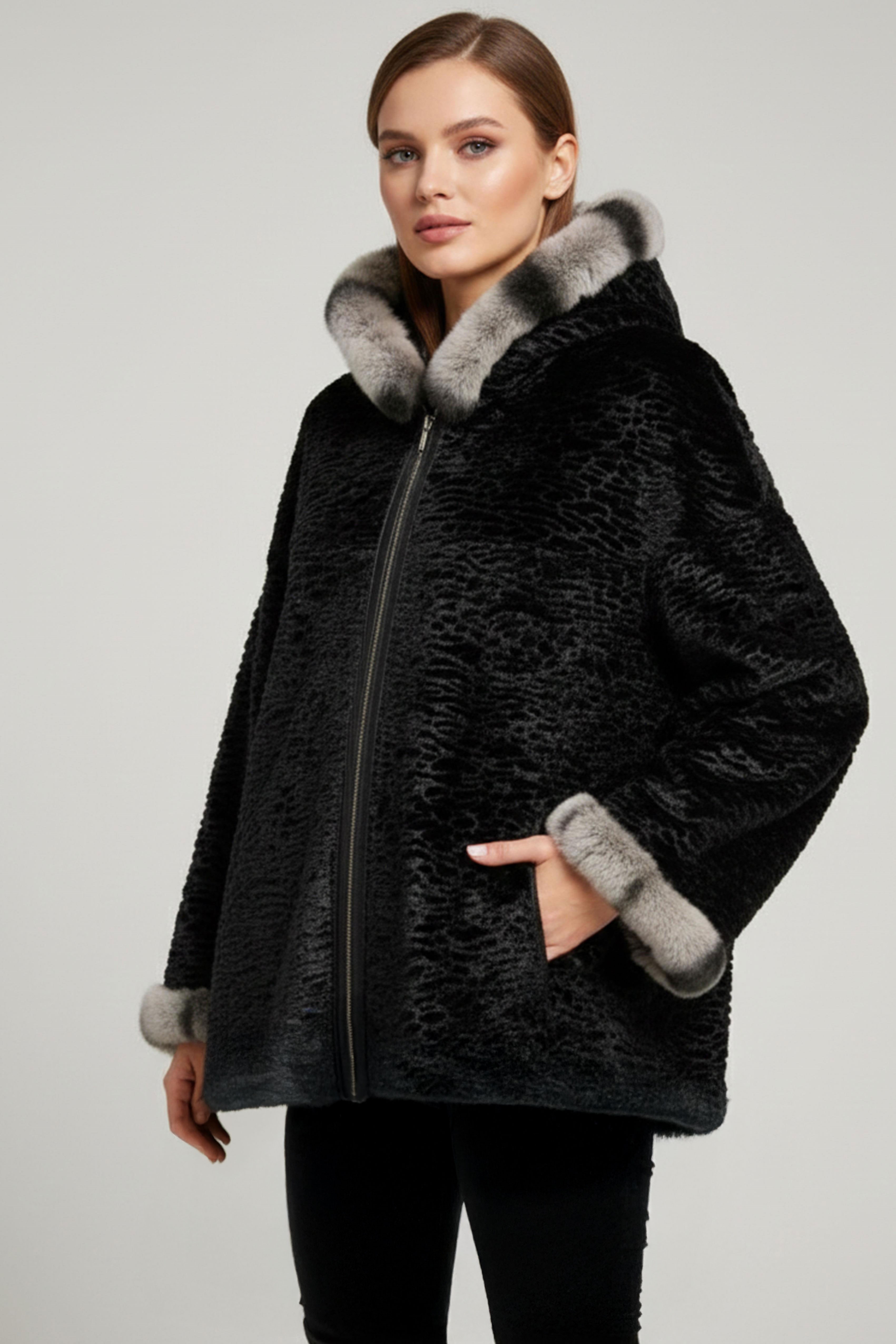Black Pair Wide Cut Fabric Double-sided Hood and Sleeve Fur Womens Genuine Leather Coat