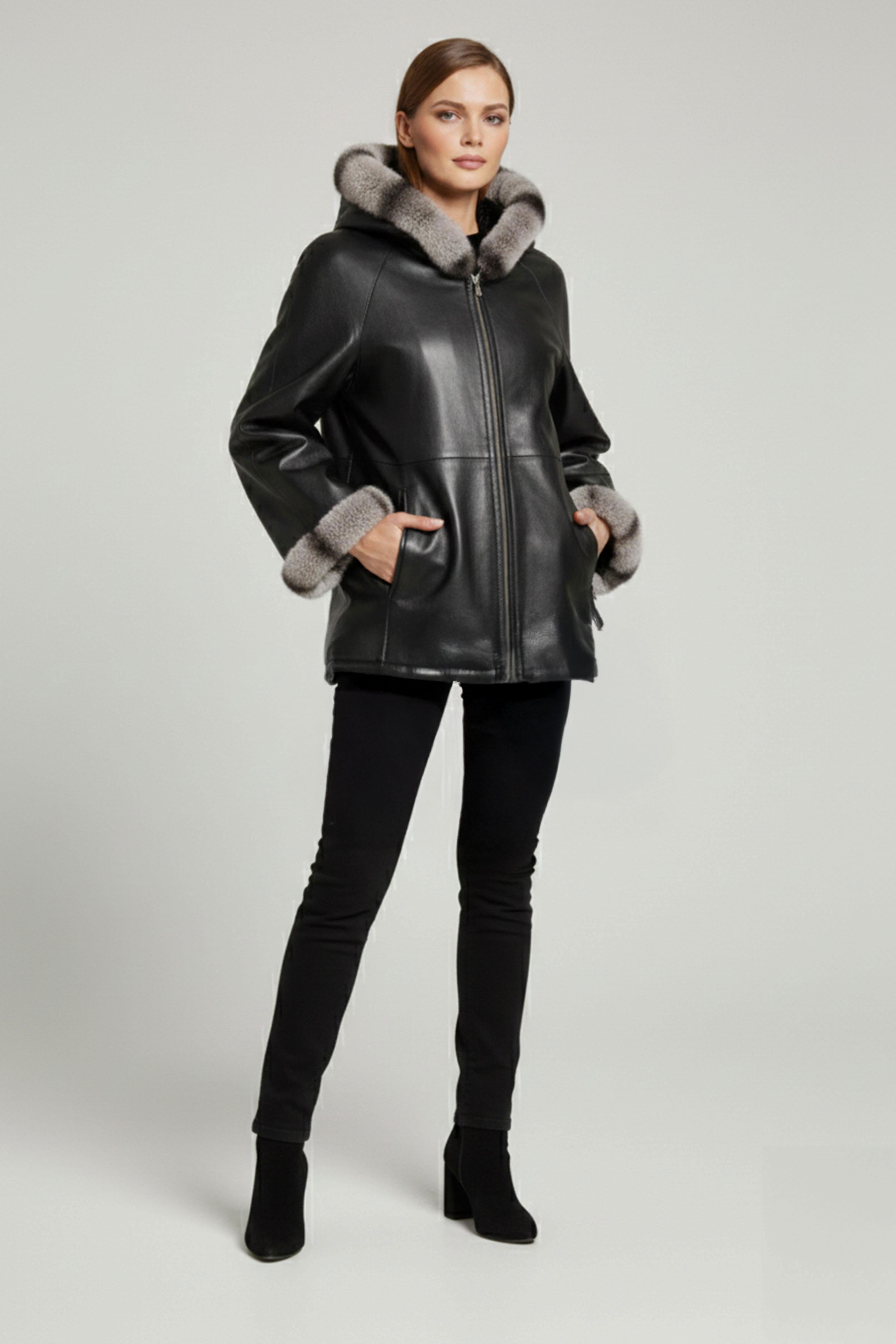 Black Pair Wide Cut Fabric Double-sided Hood and Sleeve Fur Womens Genuine Leather Coat