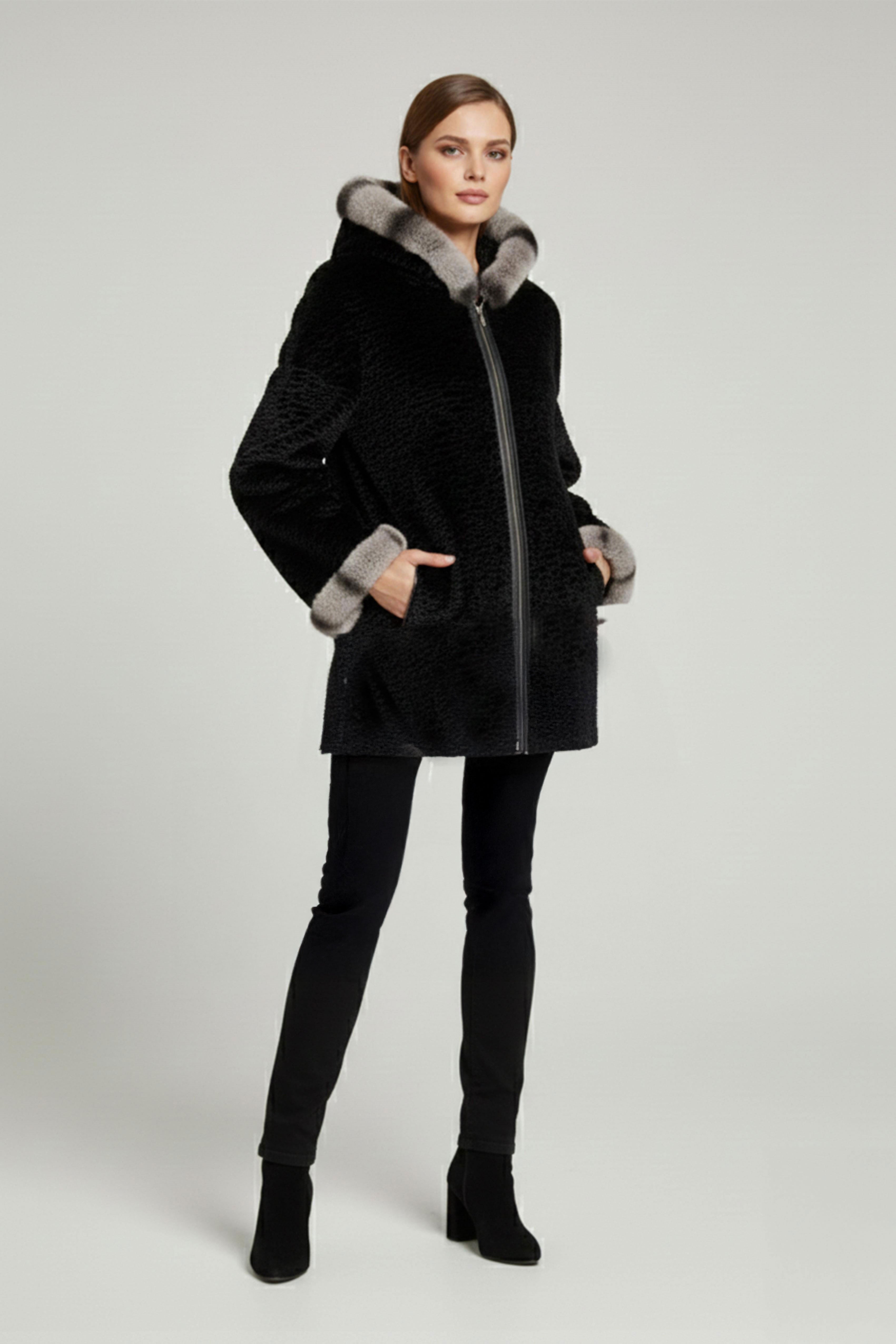 Black Pair Wide Cut Fabric Double-sided Hood and Sleeve Fur Womens Genuine Leather Coat