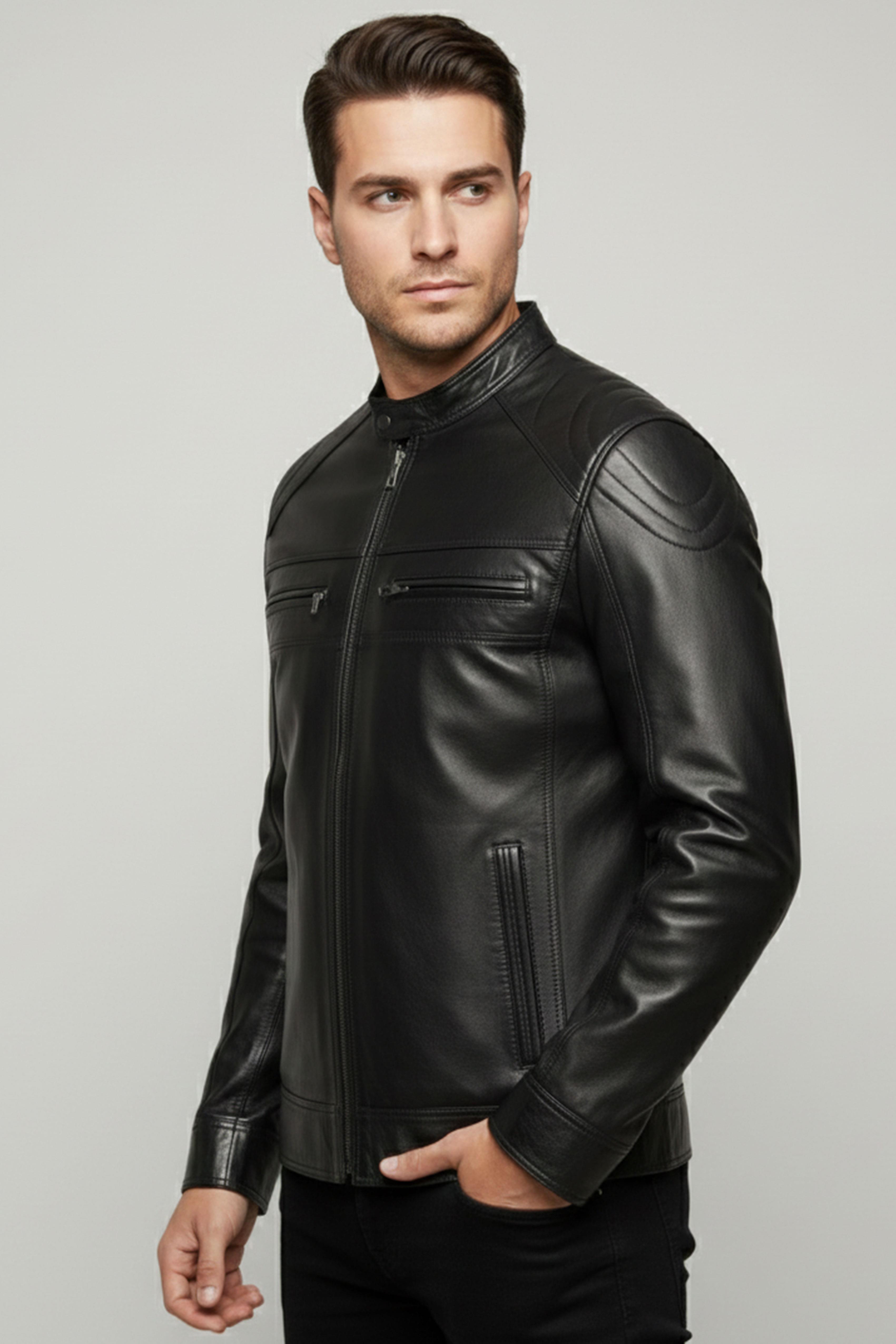 Siyah Rider Dik Yaka Erkek Hakiki Deri Ceket
