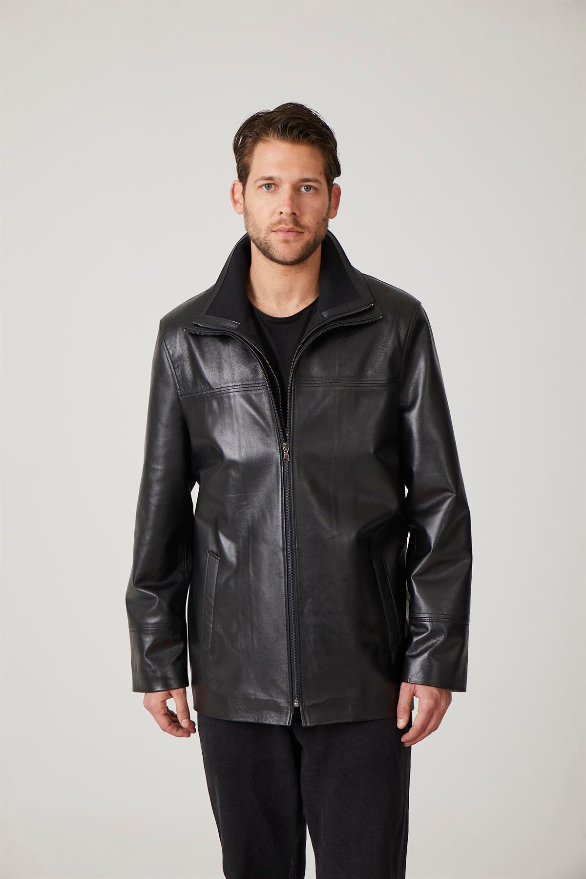 Siyah Sheldon Fermuarla çıkabilir Triko Yakalı Fermualı kapama Bol Kesim Hakiki Erkek Deri Kaban