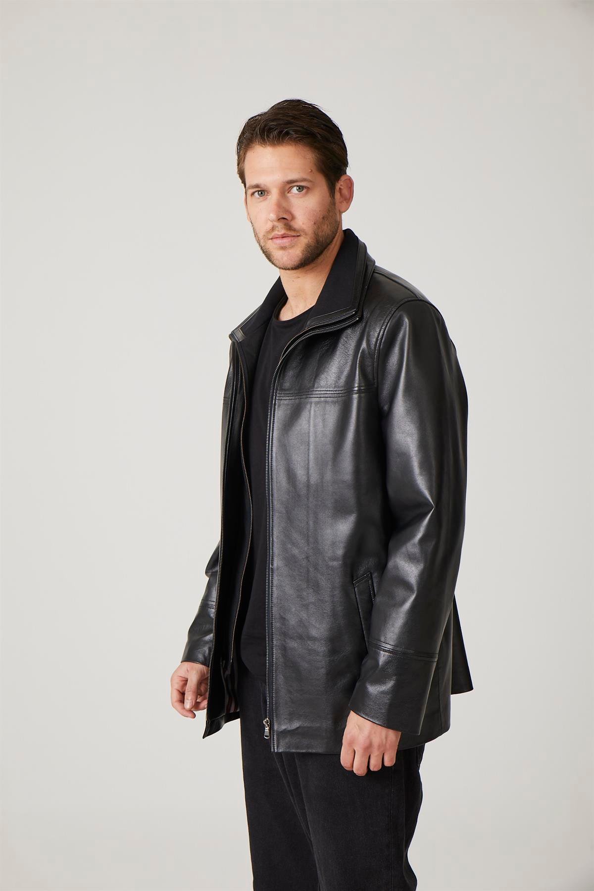 Siyah Sheldon Fermuarla çıkabilir Triko Yakalı Fermualı kapama Bol Kesim Hakiki Erkek Deri Kaban