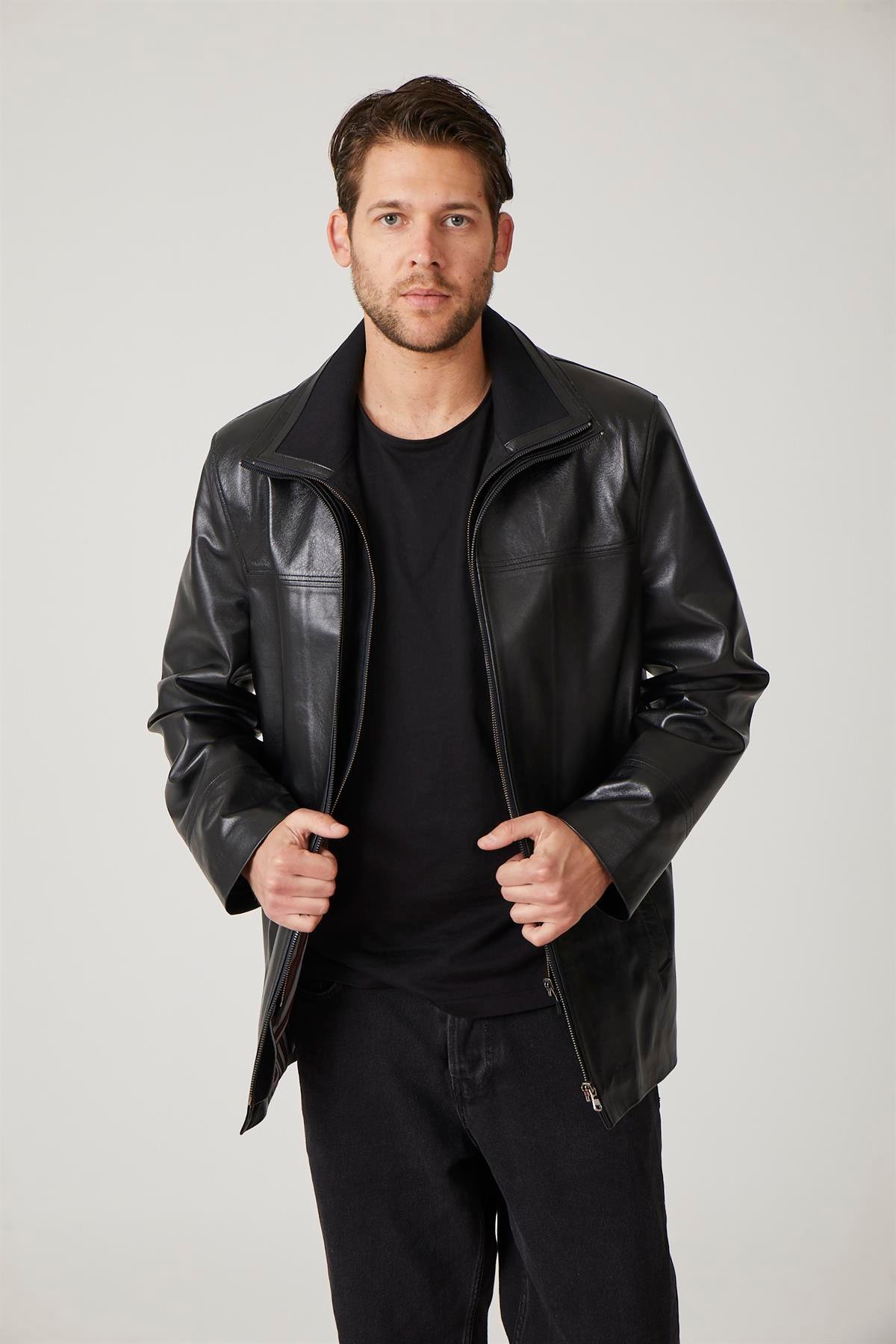 Siyah Sheldon Fermuarla çıkabilir Triko Yakalı Fermualı kapama Bol Kesim Hakiki Erkek Deri Kaban