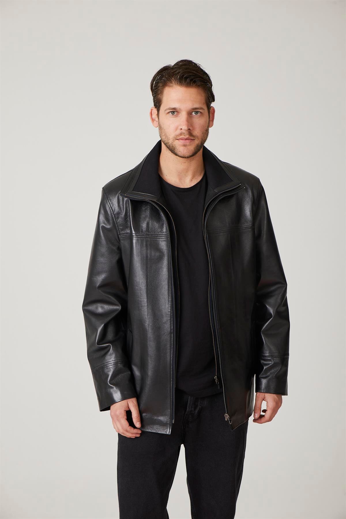 Siyah Sheldon Fermuarla çıkabilir Triko Yakalı Fermualı kapama Bol Kesim Hakiki Erkek Deri Kaban