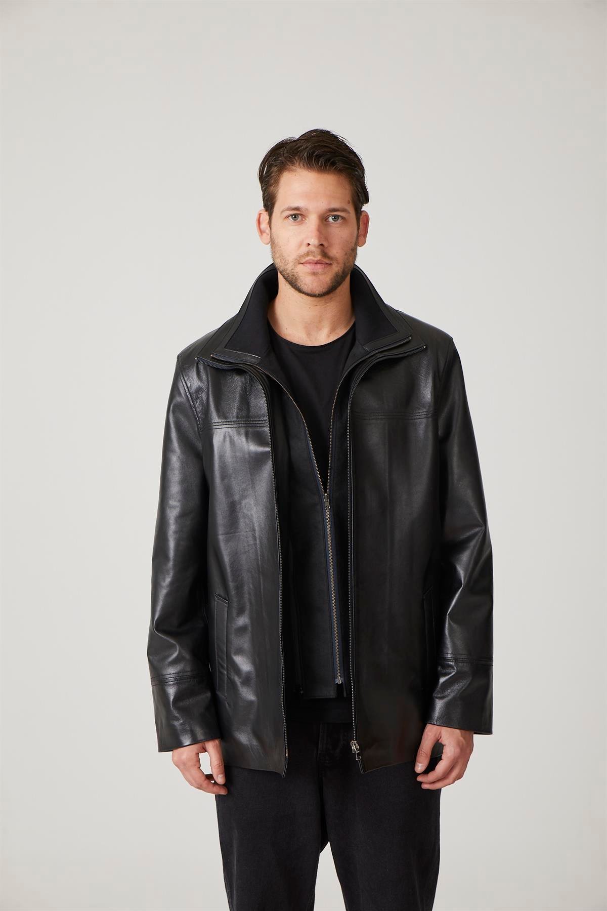 Siyah Sheldon Fermuarla çıkabilir Triko Yakalı Fermualı kapama Bol Kesim Hakiki Erkek Deri Kaban