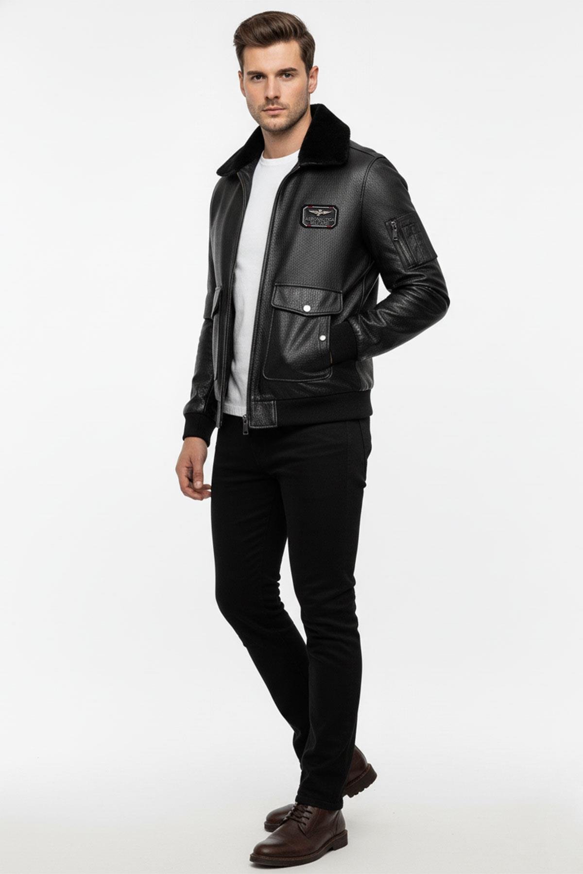 Siyah Top Gun Yaka Kürklü Erkek Hakiki Deri Mont