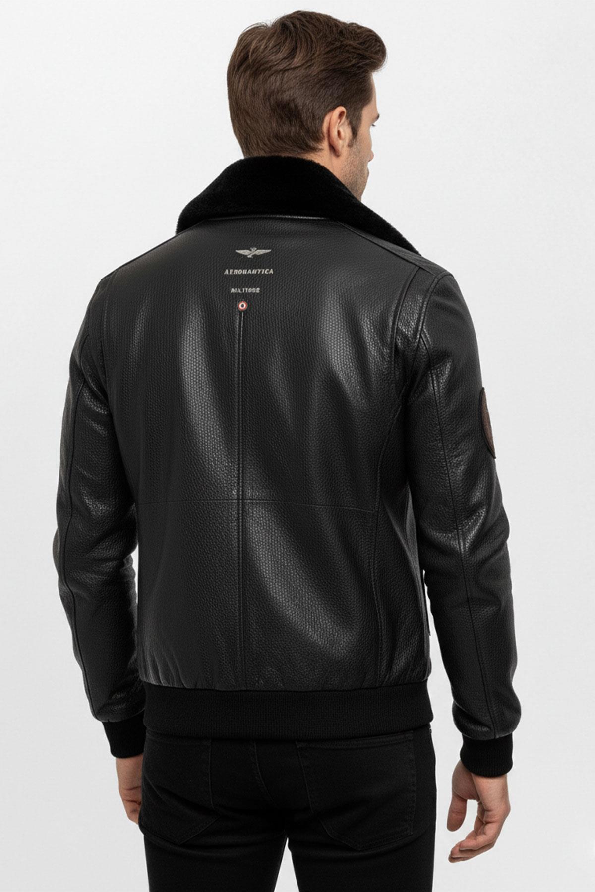 Siyah Top Gun Yaka Kürklü Erkek Hakiki Deri Mont