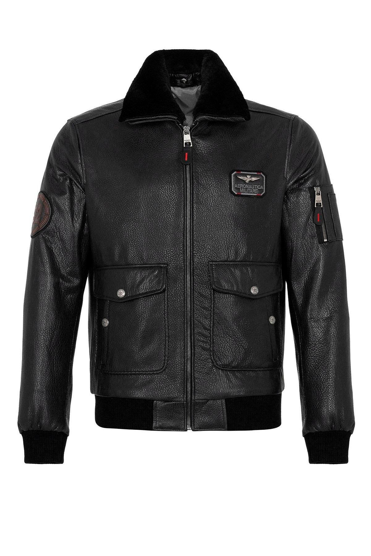 Siyah Top Gun Yaka Kürklü Erkek Hakiki Deri Mont