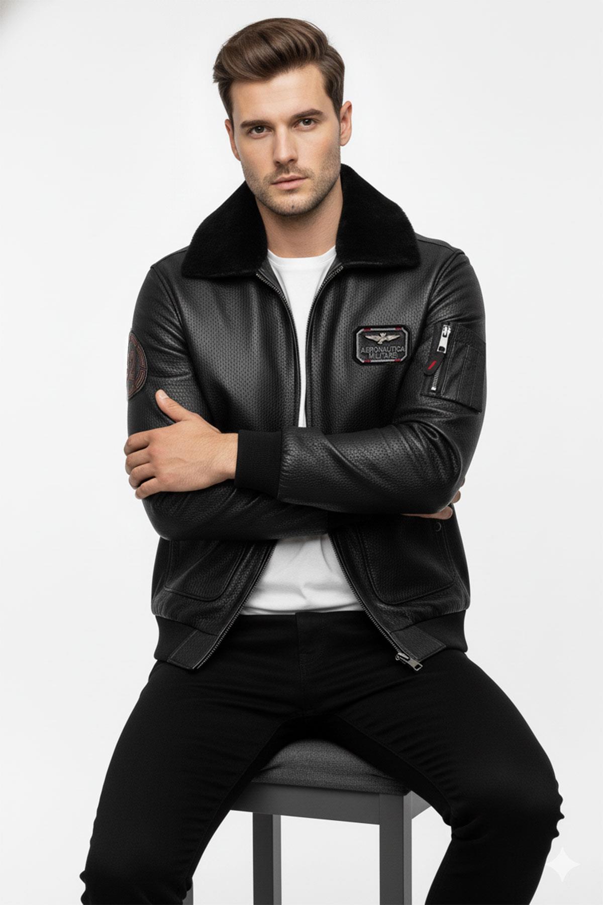 Siyah Top Gun Yaka Kürklü Erkek Hakiki Deri Mont