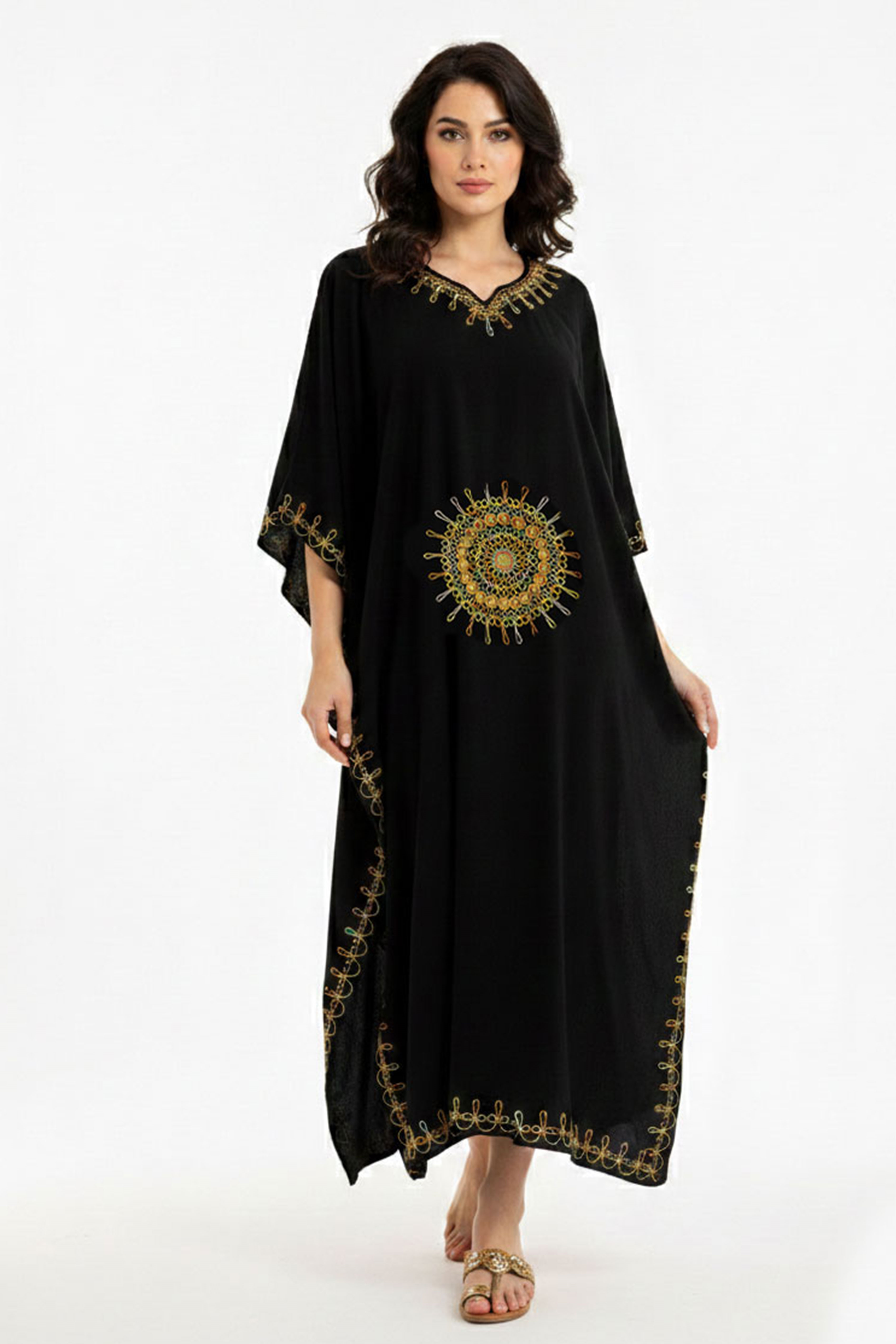 Siyah Yarasa Kollu Nakış İşlemeli Yazlık Astarsız Pamuklu Uzun Kaftan Elbise