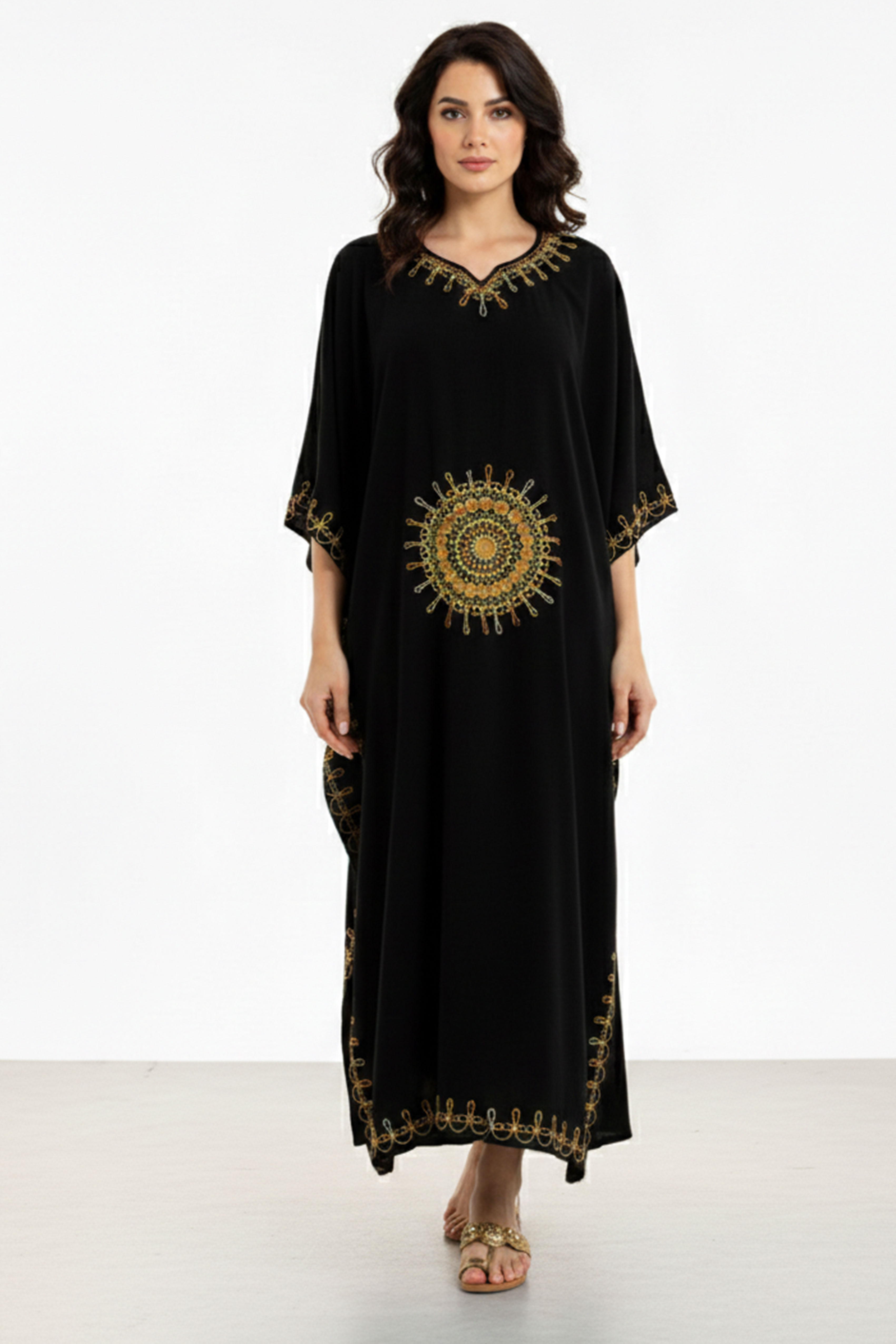 Siyah Yarasa Kollu Nakış İşlemeli Yazlık Astarsız Pamuklu Uzun Kaftan Elbise