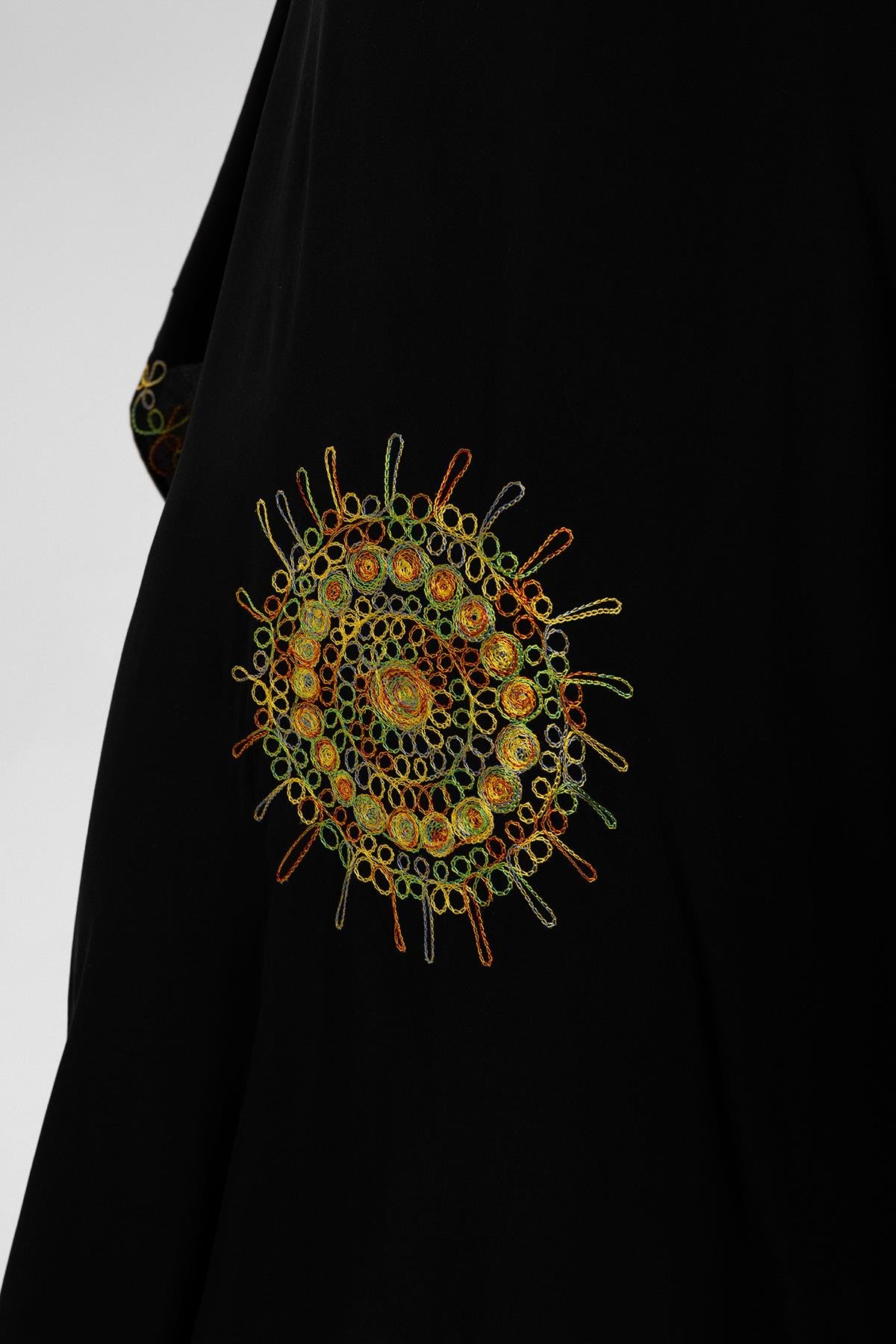 Siyah Yarasa Kollu Nakış İşlemeli Yazlık Astarsız Pamuklu Kısa Kaftan Elbise