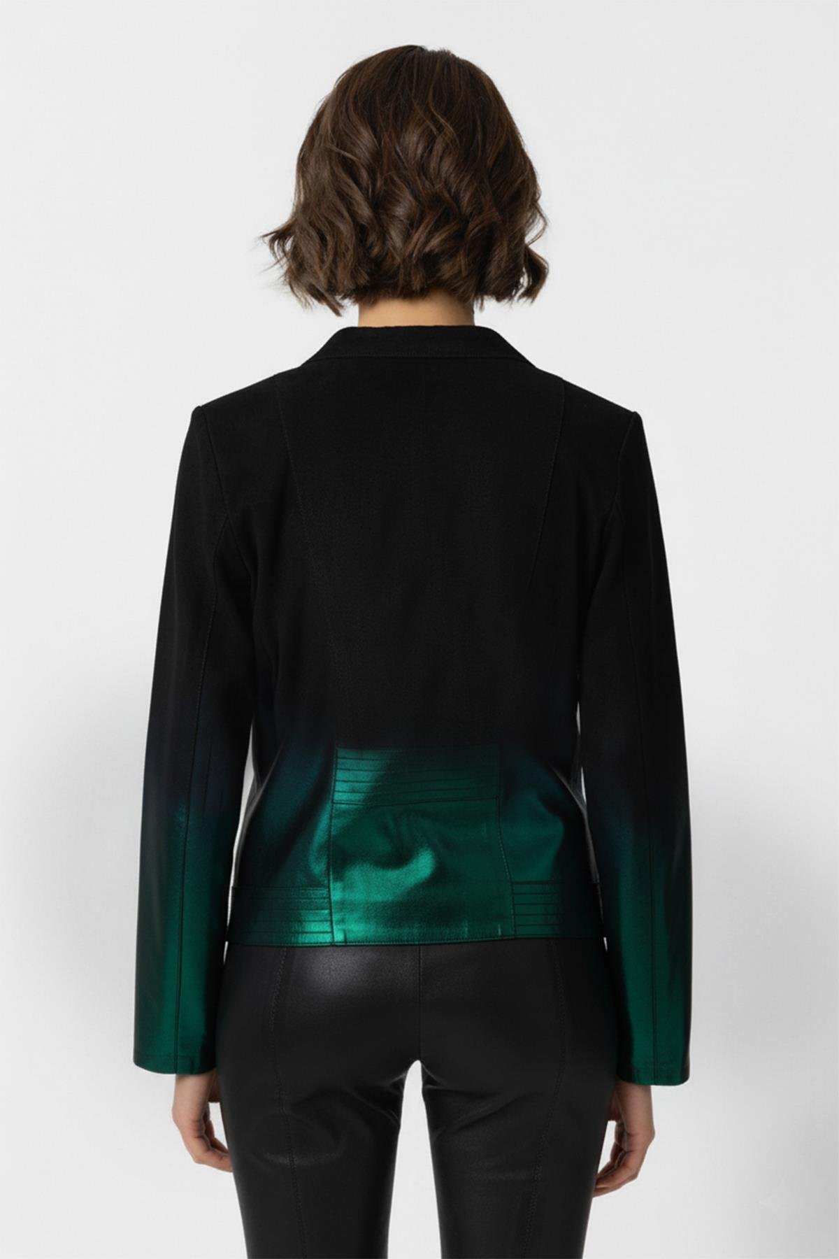 Siyah Yeşil Degrade Çapraz Fermuarla Kapanan Bele Otuan Geniş Kesim Xenia Kadın Süet Ceket