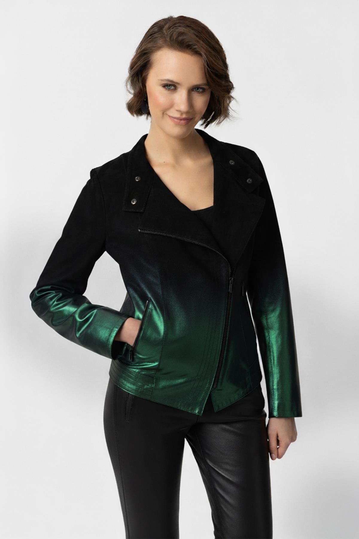 Siyah Yeşil Degrade Çapraz Fermuarla Kapanan Bele Otuan Geniş Kesim Xenia Kadın Süet Ceket