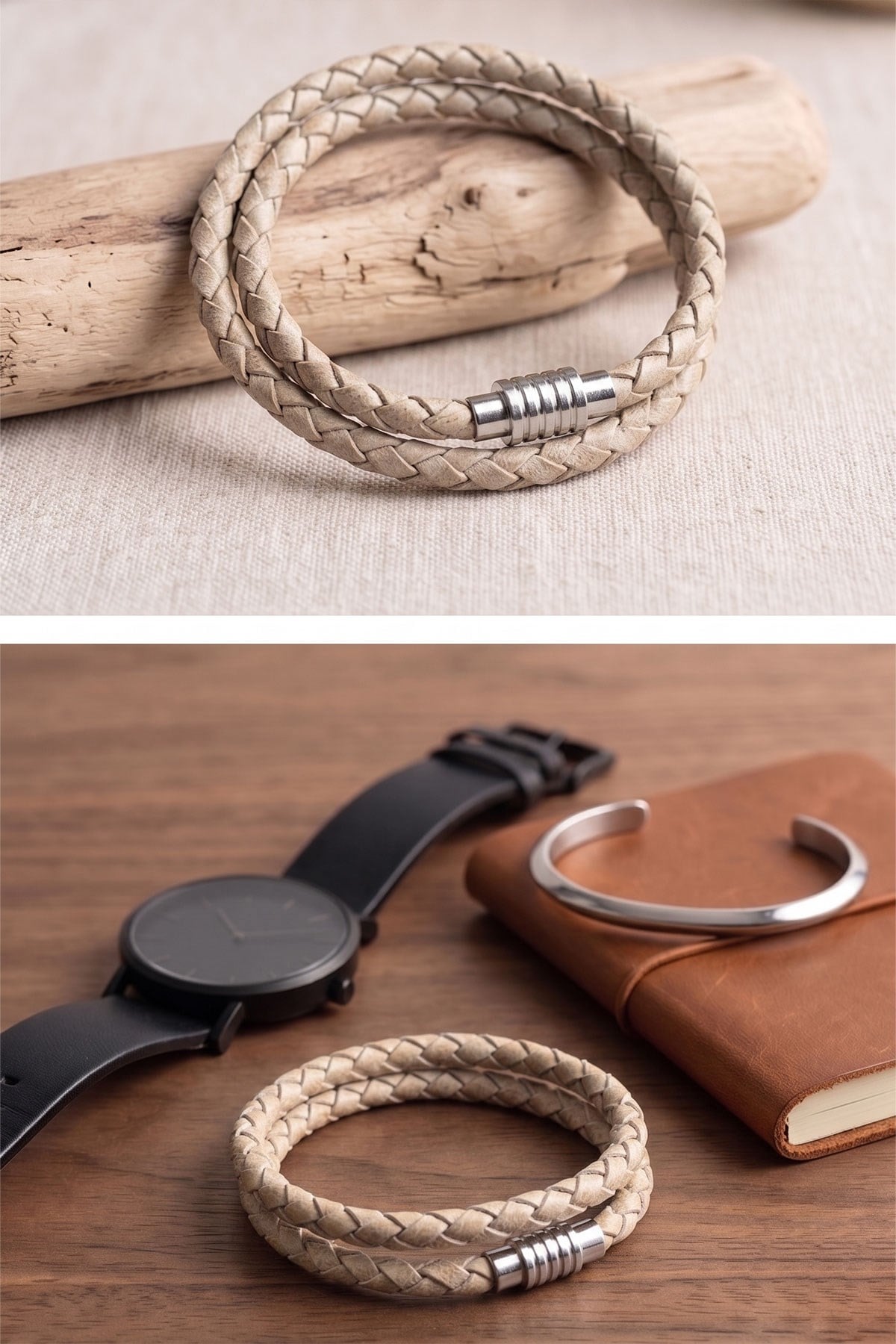 Pale Tan Knitted Leather Bracelet
