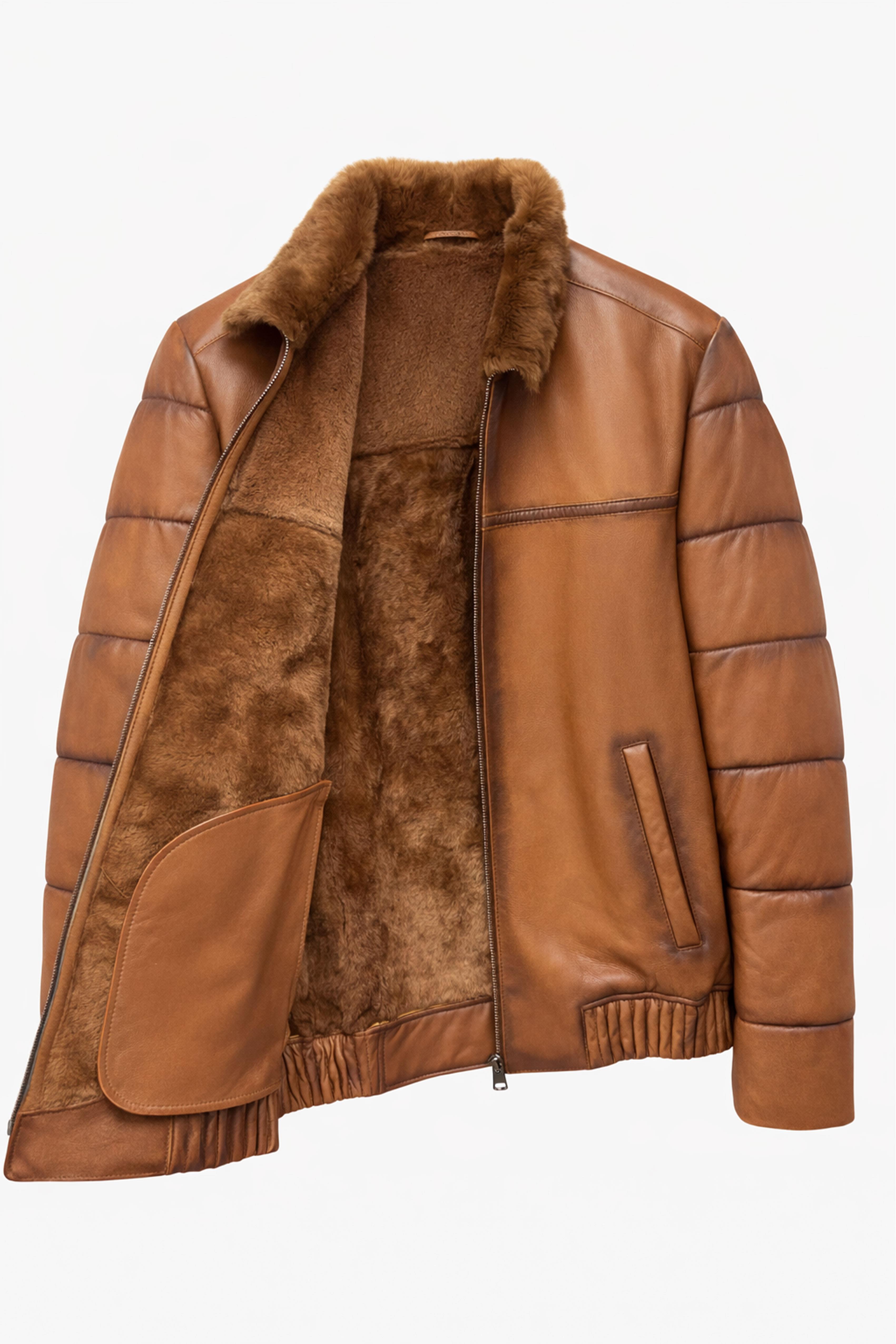 Taba Dielo Fermuarlı Beli Deri Lastikli Erkek Hakiki Kürk Kaban