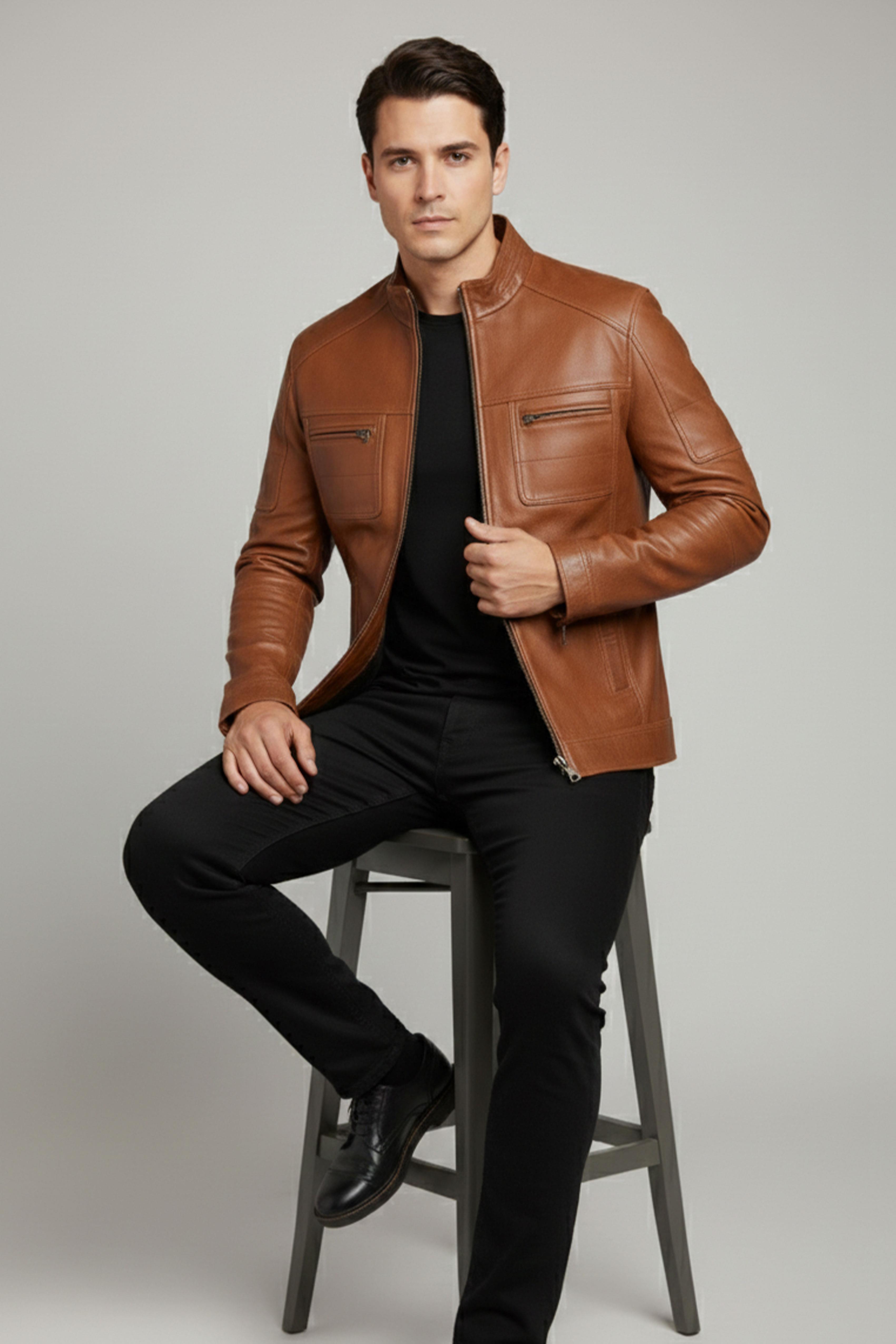 Taba Everest Dik Yaka Erkek Hakiki Deri Ceket