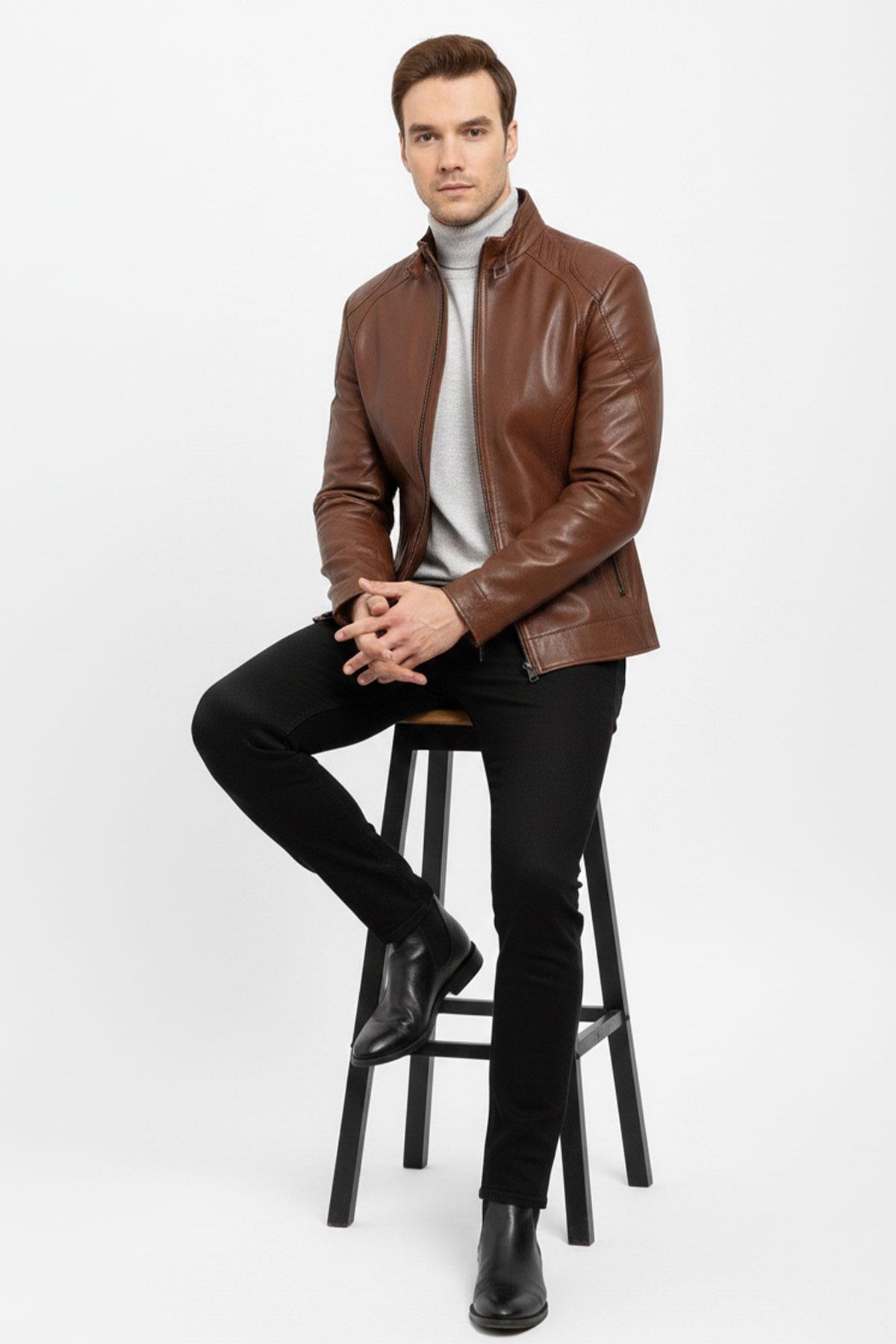 Taba Jady Yaka Tokalı Erkek Hakiki Deri Mont