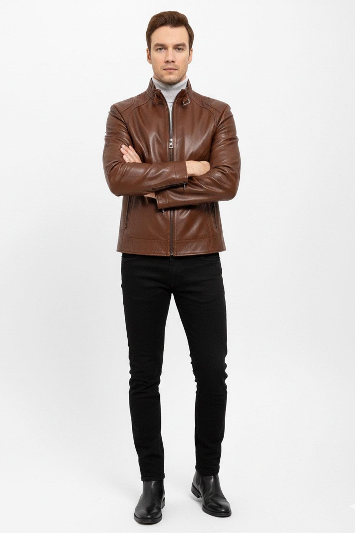 Taba Jady Yaka Tokalı Erkek Hakiki Deri Mont