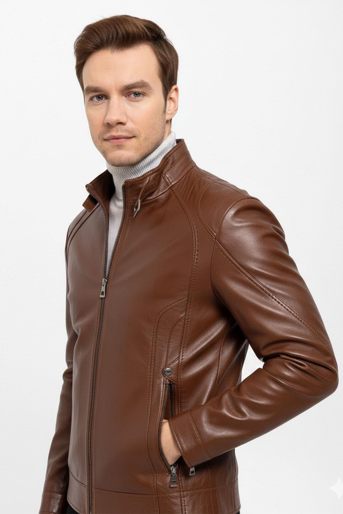 Taba Jady Yaka Tokalı Erkek Hakiki Deri Mont