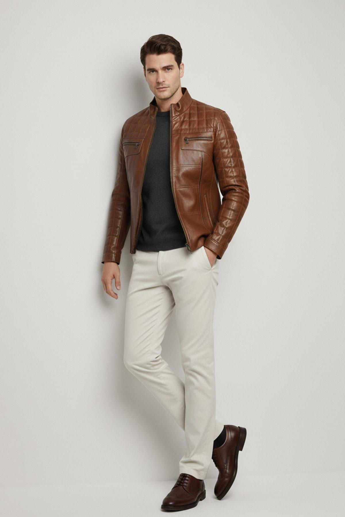 Tan Oscar Quilted Stitched Zippered Genuine Leather Mens Coat