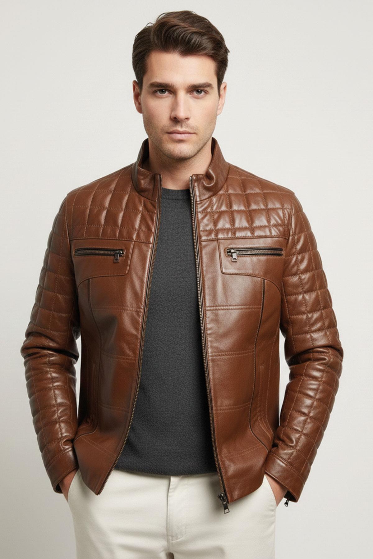 Tan Oscar Quilted Stitched Zippered Genuine Leather Mens Coat