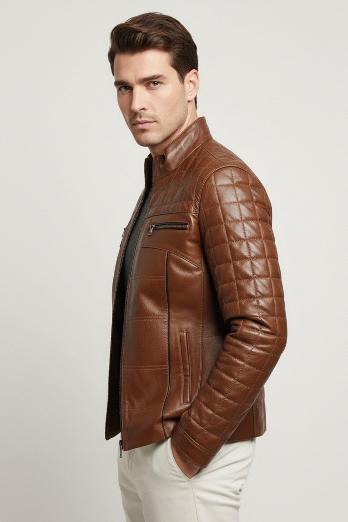 Tan Oscar Quilted Stitched Zippered Genuine Leather Mens Coat
