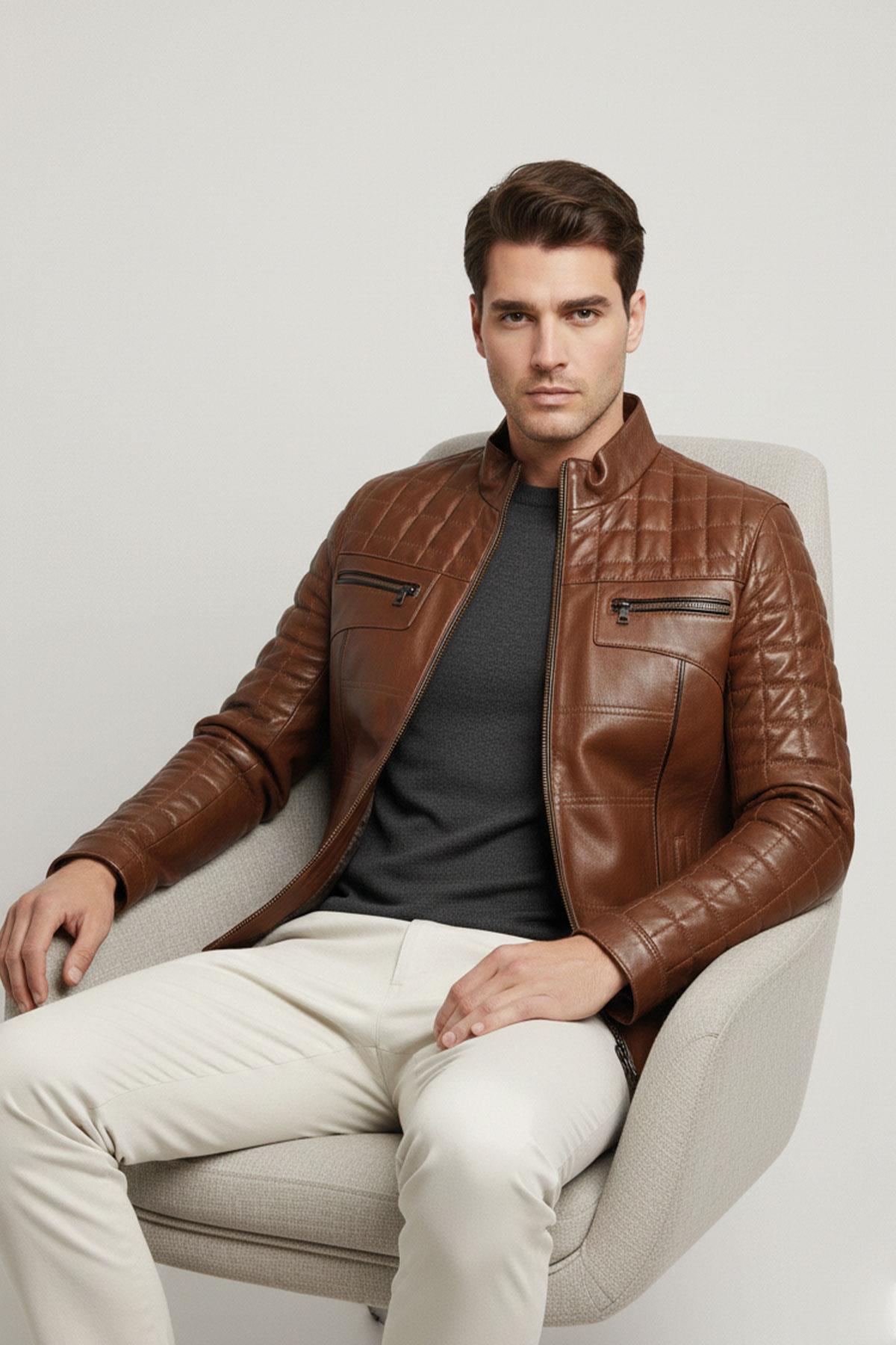 Tan Oscar Quilted Stitched Zippered Genuine Leather Mens Coat