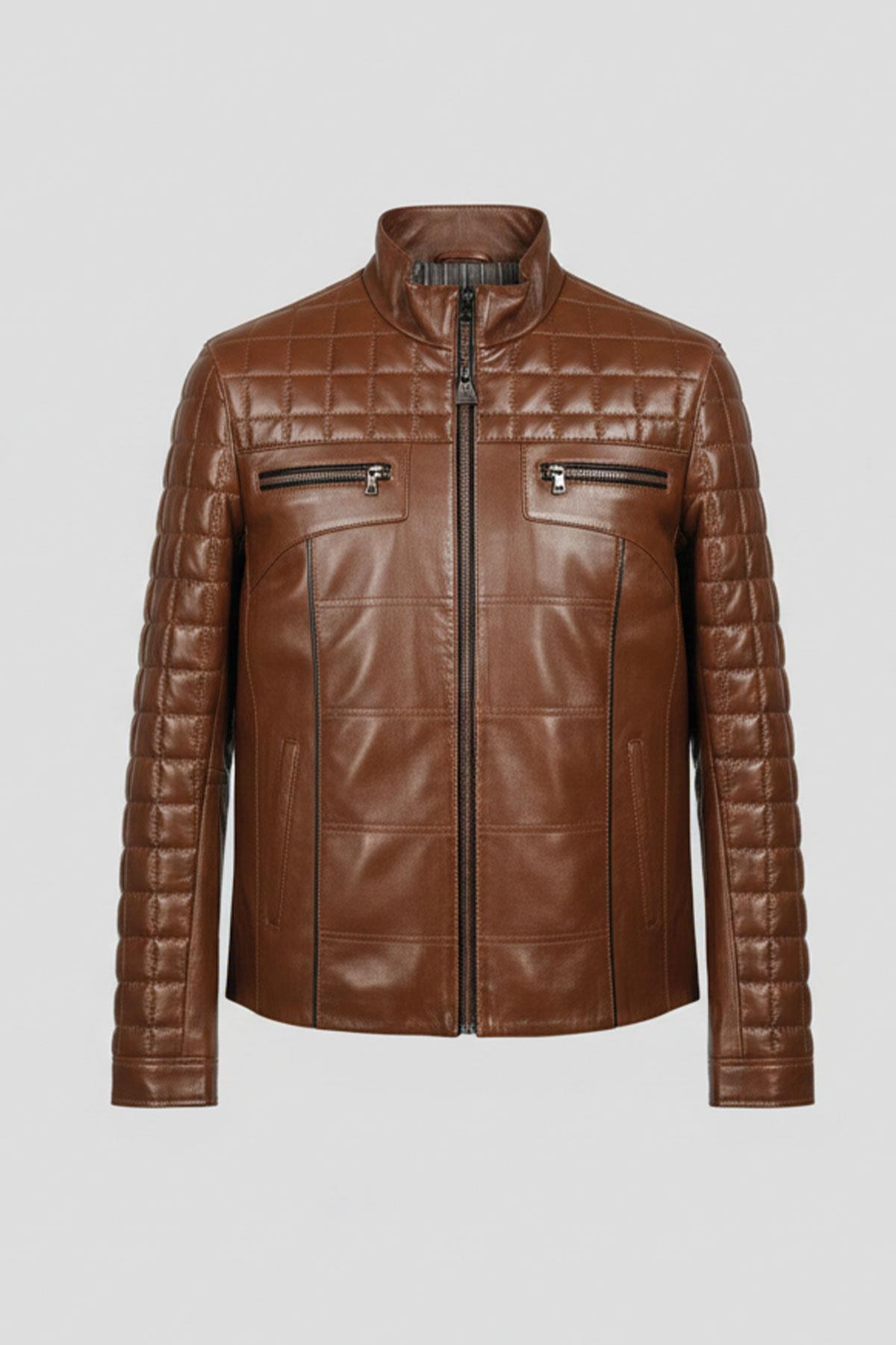 Tan Oscar Quilted Stitched Zippered Genuine Leather Mens Coat