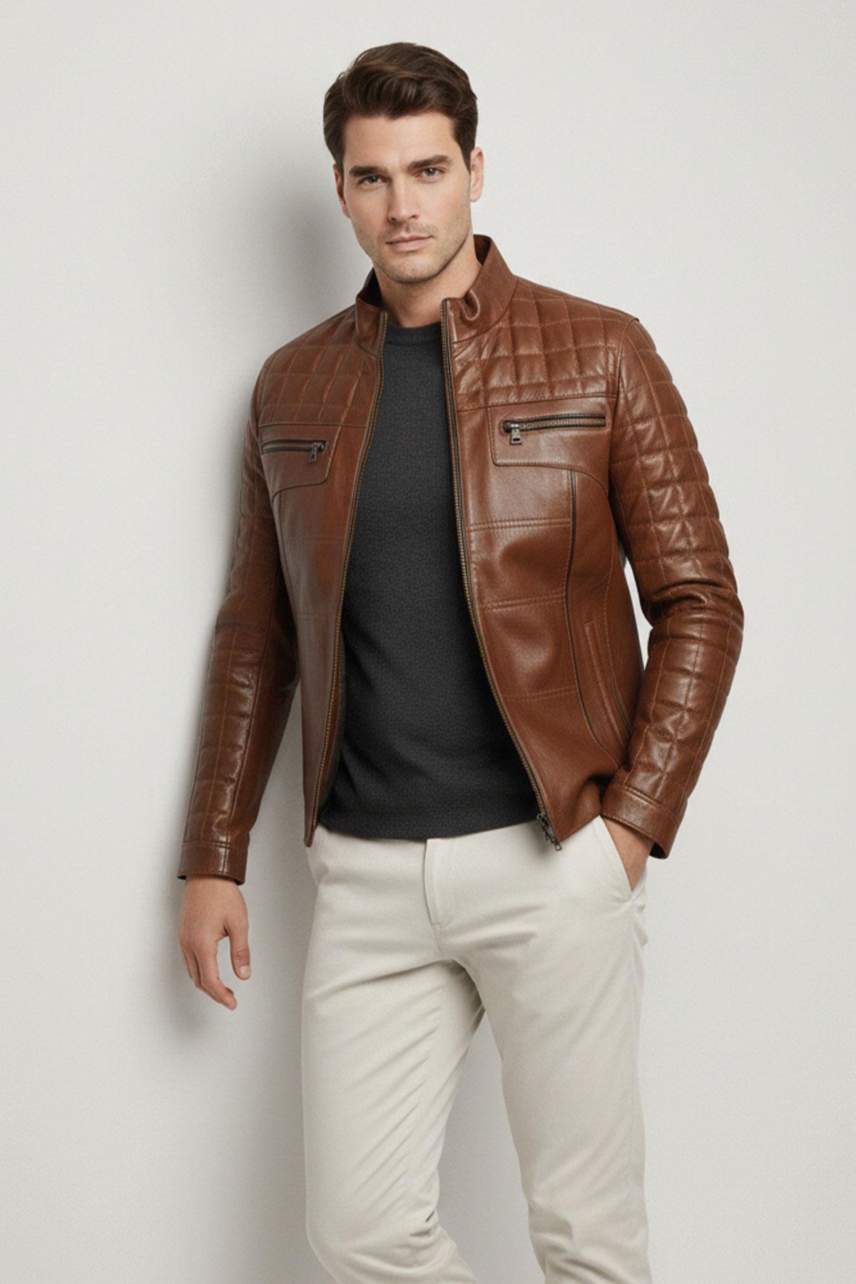 Tan Oscar Quilted Stitched Zippered Genuine Leather Mens Coat